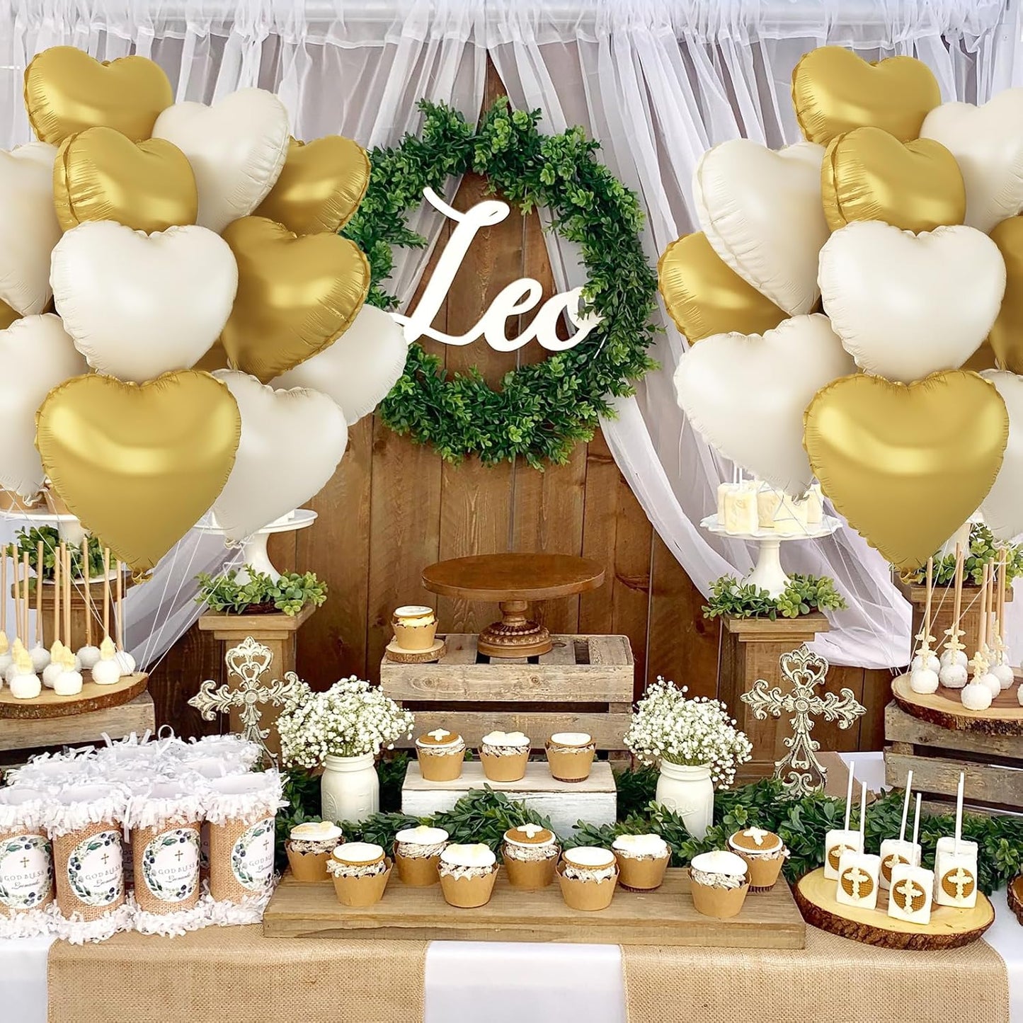 Sand White Gold Heart Balloons,12Pcs 18Inch Cream White Metallic Gold Heart Shaped Foil Helium Foil Balloons for Baby Shower Birthday Anniversary Wedding Engagement Party Decorations