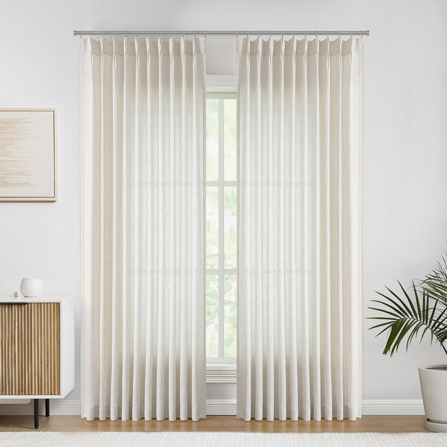 Vision Home Natural Pinch Pleated Semi Sheer Curtains Textured Linen Blended Light Filtering Window Curtains 90 inch for Living Room Bedroom Patio Pinch Pleat Drapes with Hooks 1 Panel 60" Wx90 L