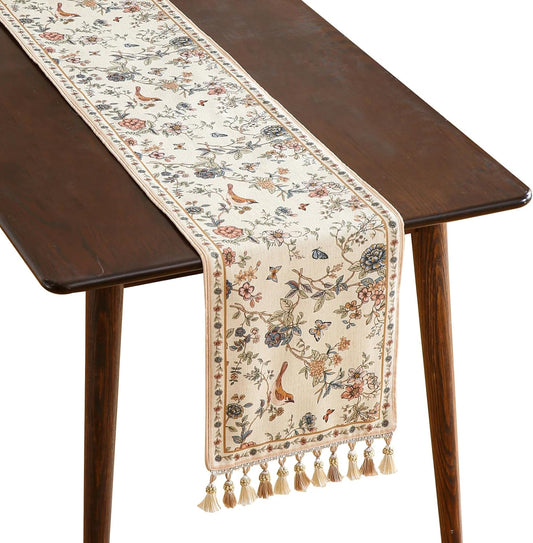 ISAENNE Designer Linen Table Runner 118 Inches Extra Long,Elegant Floral Bird Pattern Table Runners for Dining Room,Farmhouse Rustic Kitchen Decor,Thanksgiving,Christmas,12"*118"-Cornucopia