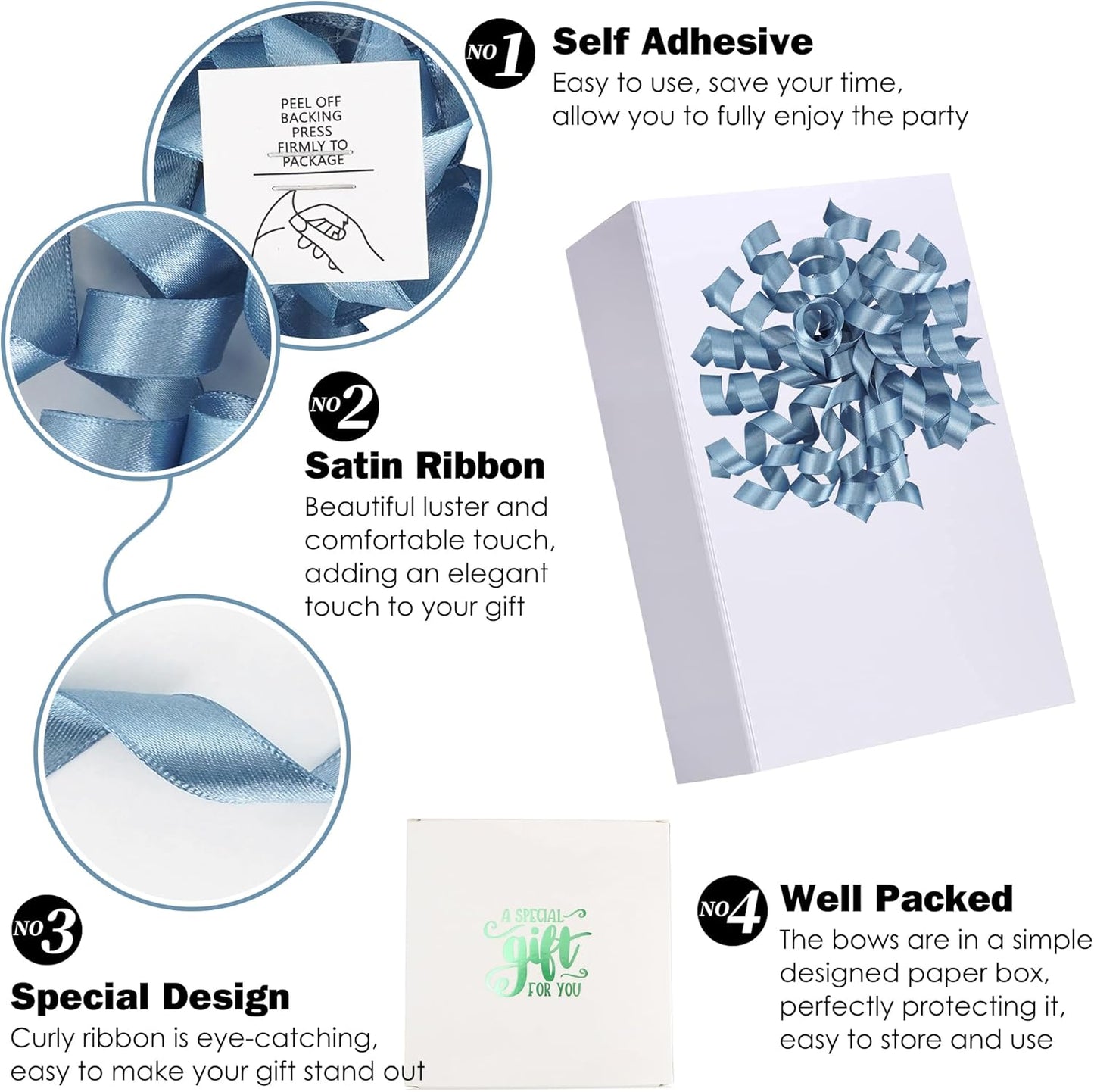 5'' Dusty Blue Bows Curly Ribbon Bows for Gift Wrapping, Satin Bows with Double-Sided Tape, Self Adhesive Bows for Party, Wedding, Birthday Decor, Premade Bows for Crafts, Wine Glasses-8 PCs