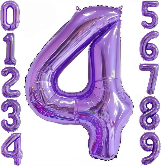 Purple 4 Balloon Number,40 Inch Number 4 Balloon Big Purple 4 Foil Mylar Helium Balloon for Birthday Party Decorations