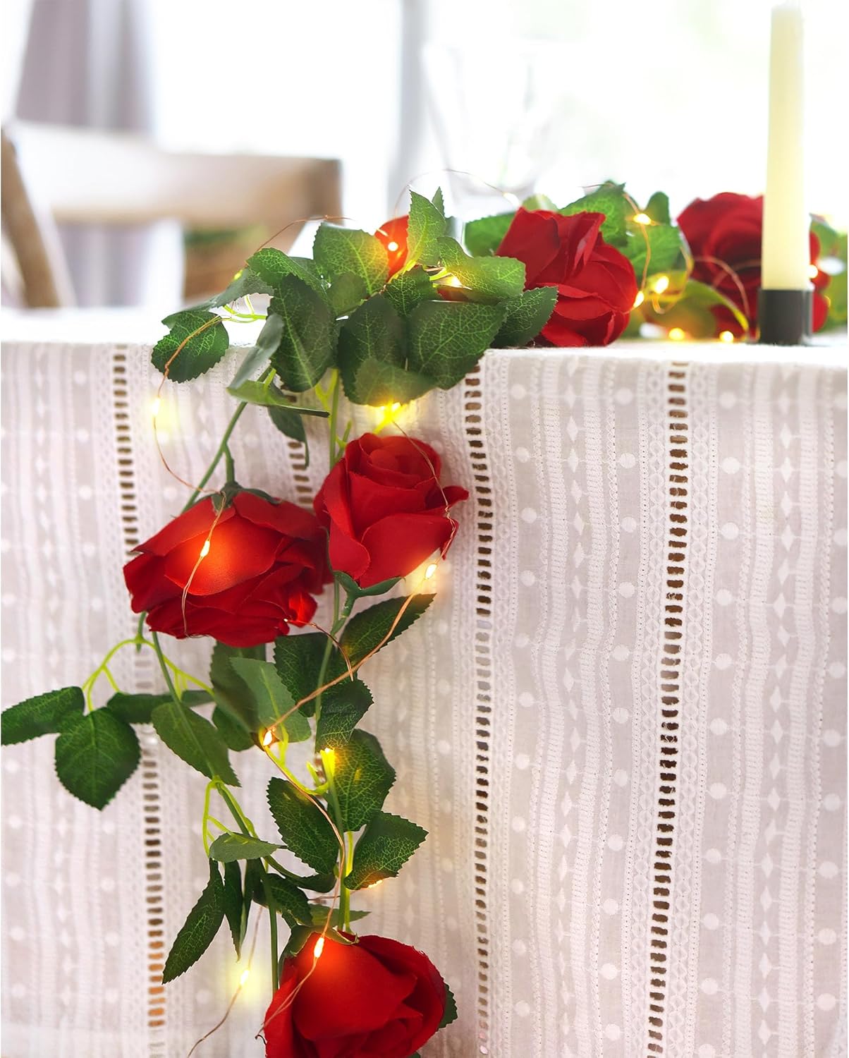 FiveSeasonStuff 29 Ft 4 Pack Christmas Red Rose Silk Flower Garland Artificial Flowers Decoration Hanging Floral with 66 feet String Lights
