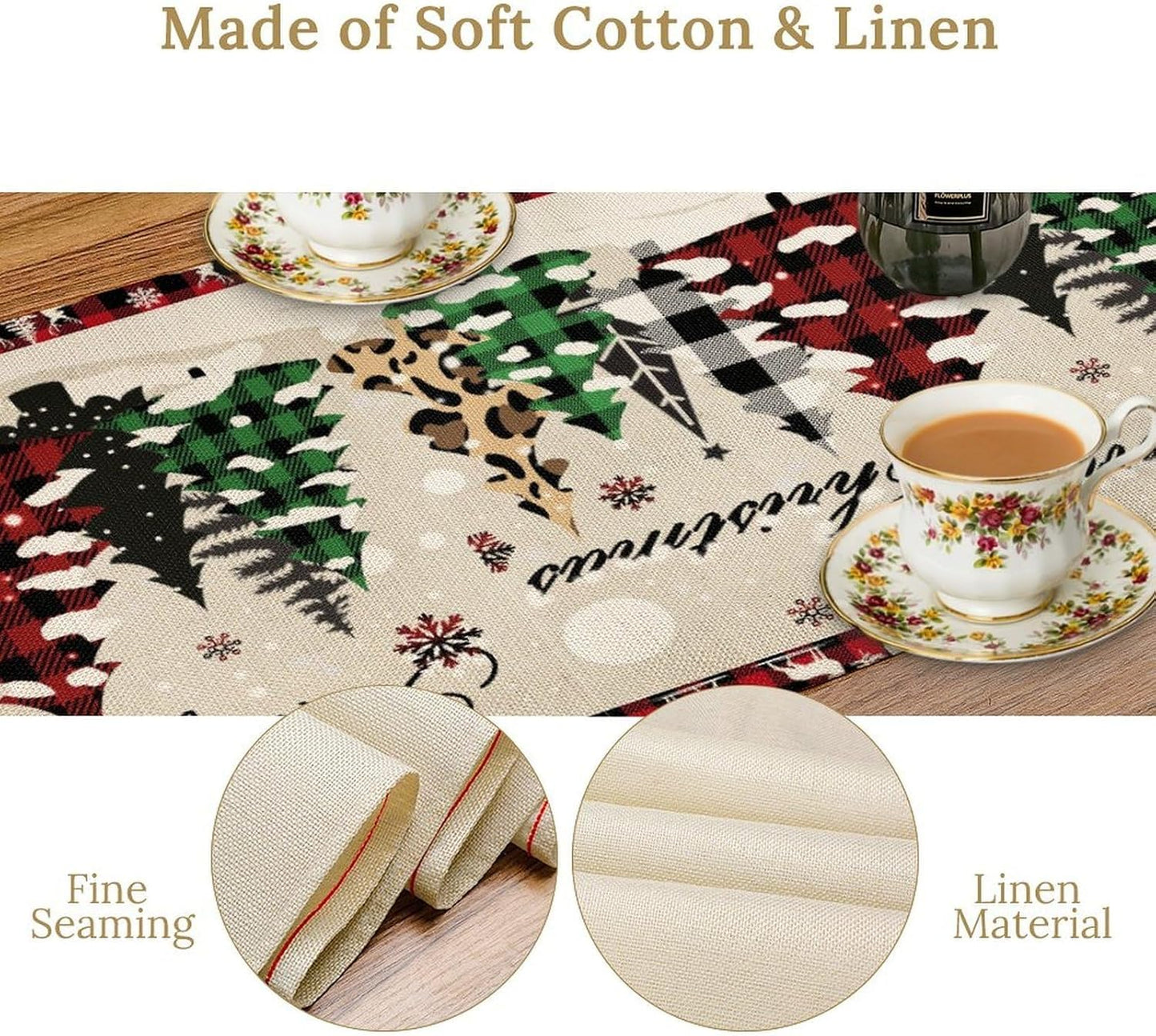 Christmas Tree Table Runner,Farmhouse Xmas Trees Buffalo Plaid Winter Snowflake Tablecloth Burlap for Hotel Indoors Outdoor Dining Room Kitchen Home Decor,W13X L70 in