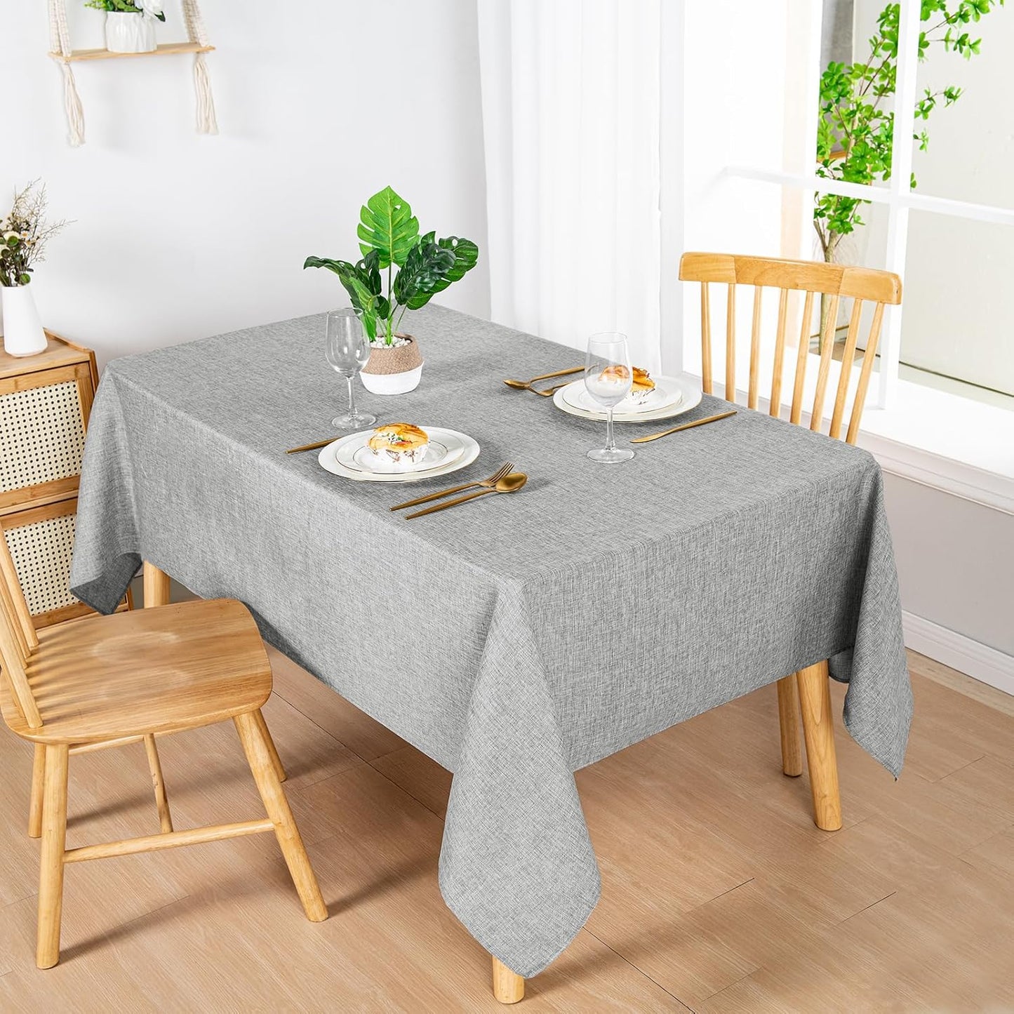 Hiasan Faux Linen Rectangle Tablecloth - Wrinkle and Stain Resistant Washable Table Cloth for Kitchen Dining Room Holiday Table Cover for Dinner, Light Grey, 60 x 84 Inch