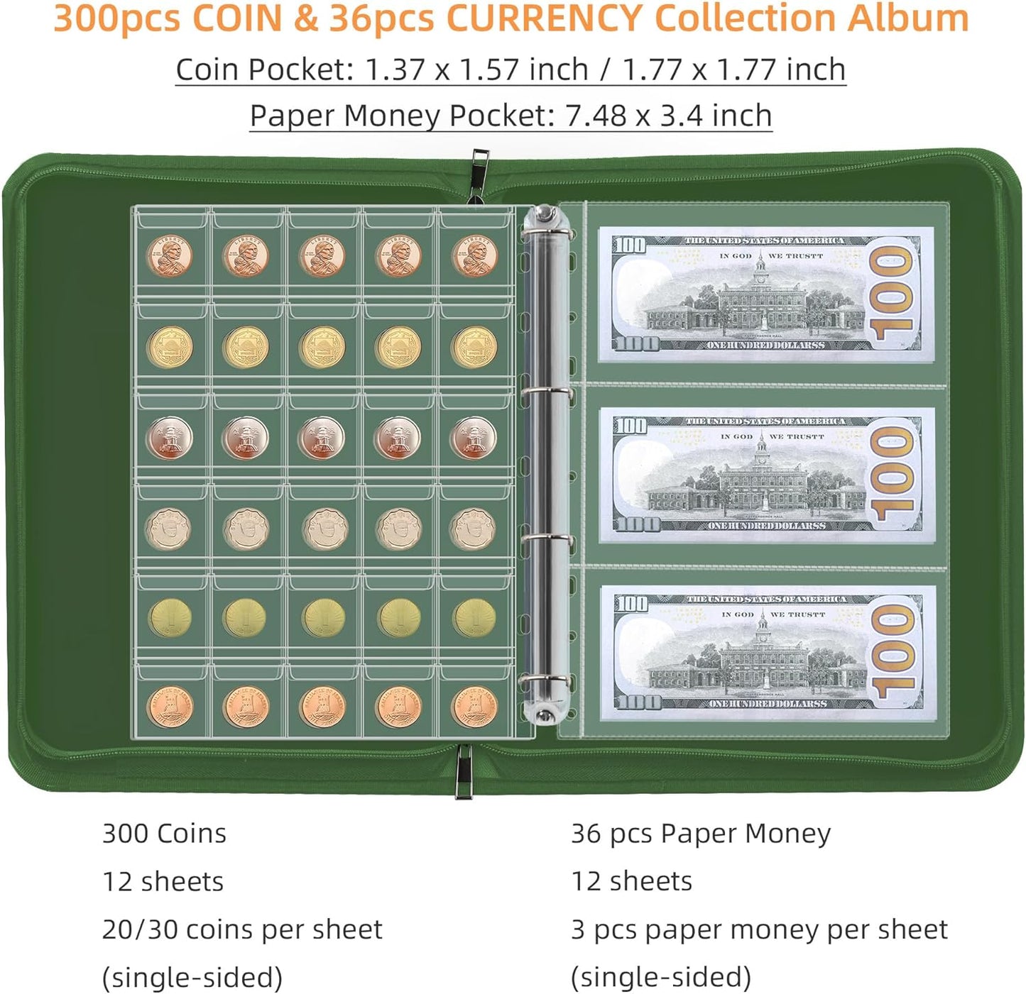 Coin Collection Book Holder for Collectors, 300 Pockets Fireproof Coins Collecting Album & 36 Sleeves Money Storage Case for Coin Currency Collection Supplies, Bill, Pennies, Quarters, Stamp,Green