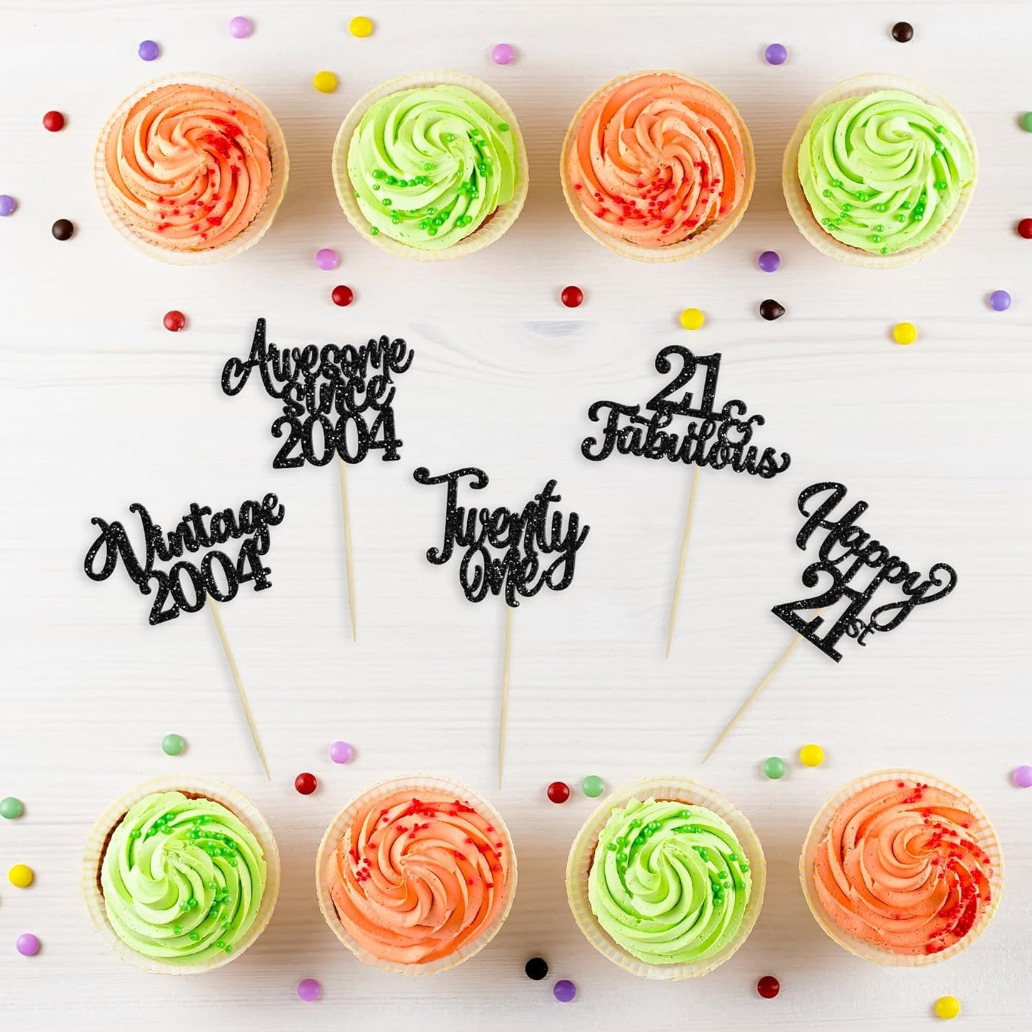 30Pcs Happy 21st Birthday Cupcake Toppers Glitter Awesome Since 2004 Twenty-one 21 Fabulous Vintage 2004 Cupcake Picks for 21st Birthday Anniversary Retirement Party Cake Decorations Supplies Black