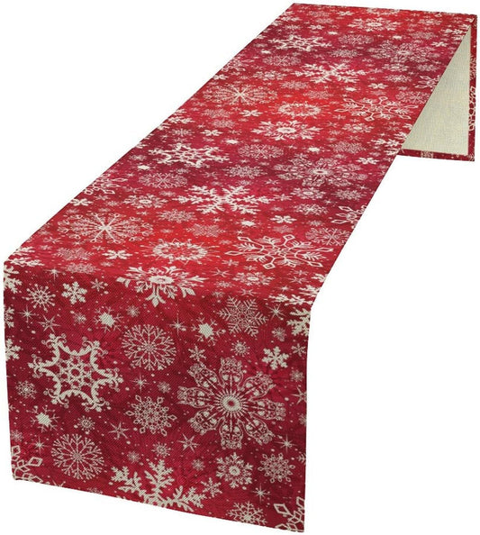 Snowflakes Christmas Table Runner, Winter Holiday Red Table Cloth Kitchen Dining Table Decoration for Home Party Decor 13x36 Inch