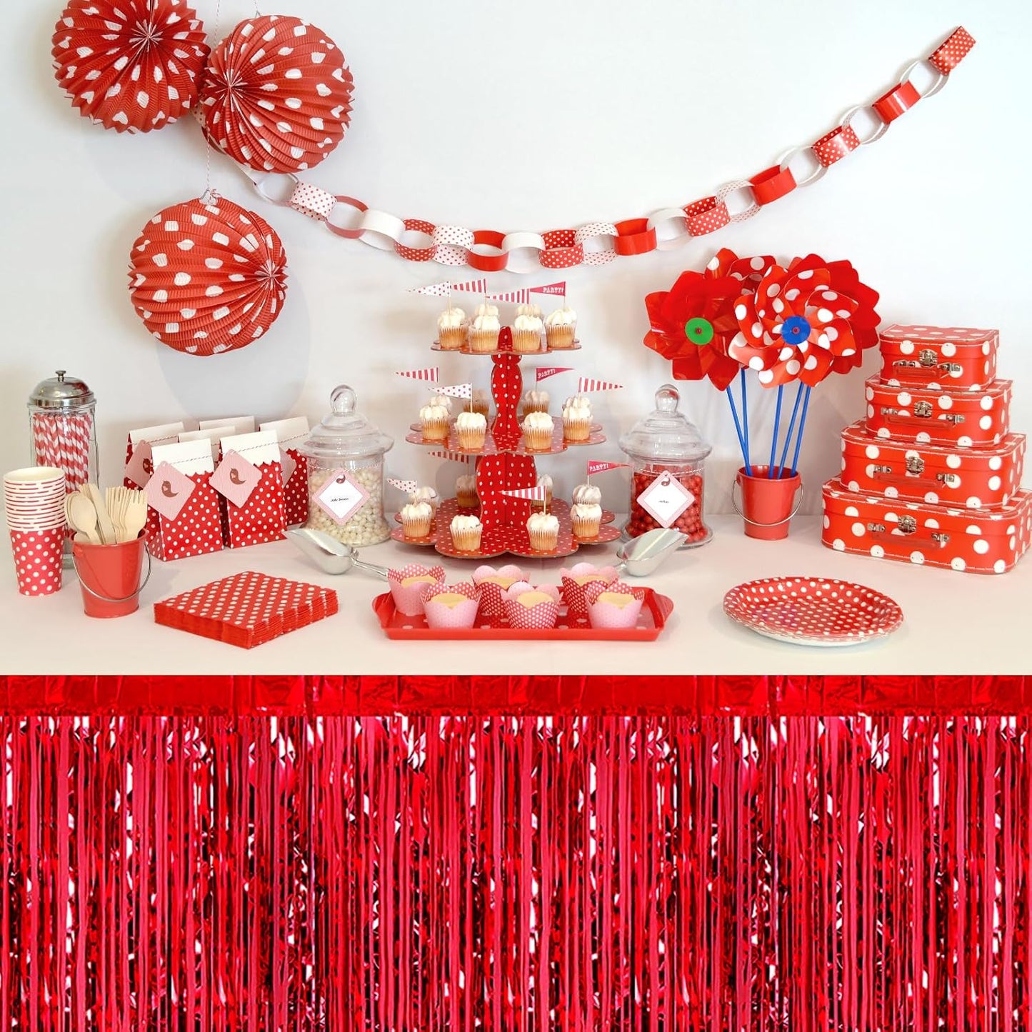 3 Pack 29 x108 Inch Red Foil Fringe Table Skirts Metallic Banner for Tinsel Streamer Garland Backdrop for Parade Floats Wedding Thanksgiving Birthday Christmas Halloween New Year Party Decoration