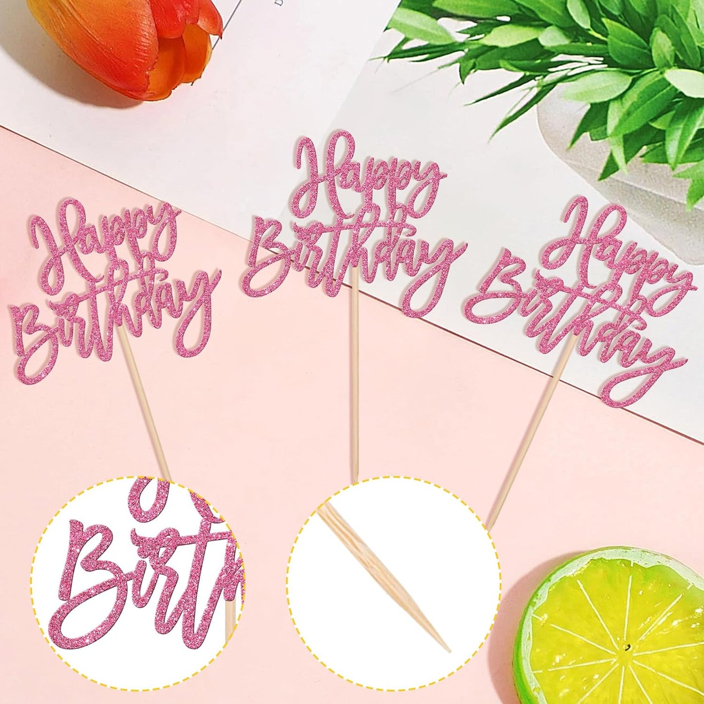24 PCS Happy Birthday Cupcake Toppers Glitter Happy Birthday Cupcake Picks for Celebrating Happy Birthday Anniversary Theme Party Cake Decorations Supplies Pink