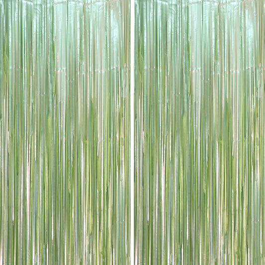 2 Pack Sage Green Foil Fringe Backdrop Curtains, Tinsel Streamers Party Decorations, Fringe Backdrop, Door Shimmer for Baby Shower or Birthday Party