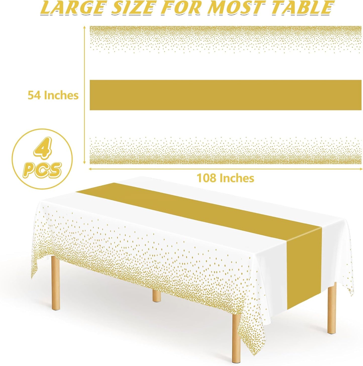 4Pack Disposable Plastic Table Cloths for Parties, 54" x 108" White and Gold Rectangle Table Covers, Waterproof Tablecloth for Rectangle Tables Suitable for New Years Eve Thanksgiving Wedding Supplies
