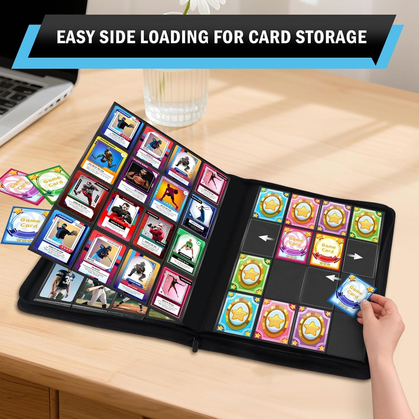 1000+ Pockets Trading Card Binder, 16 Pockets Zipper Binder Card Album, 32 Pack Double-sided Side Loading Non-Ring Card Binder, Card Holder Folders for MTG, TCG, Game Cards & Sports Cards, Black