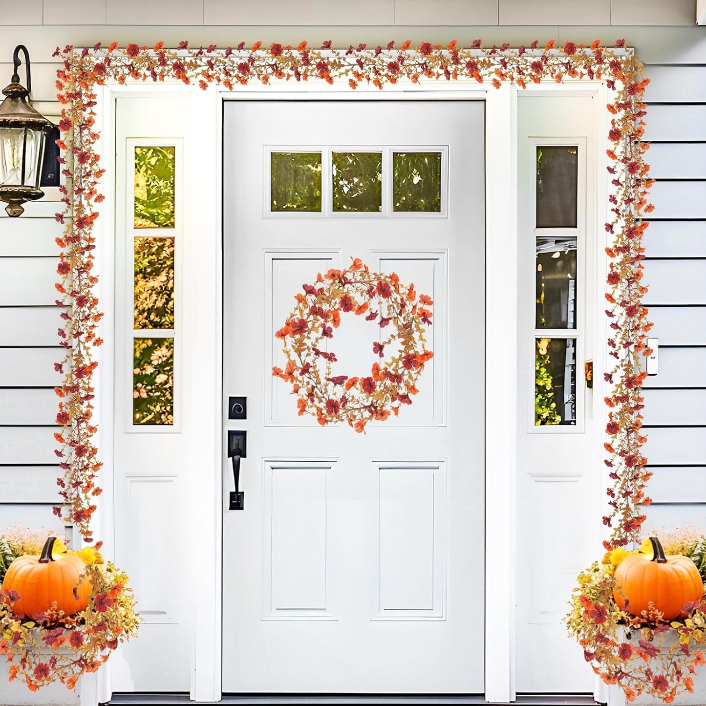 2 Pack Artificial Fall Flowers Garland, 6 FT Fall Decorations UV Resistant Fake Mums Floral Vines Faux Hanging Flower Ivy Garland for Home Party Table Wall Mantel Decor (Orange + Dark Red)