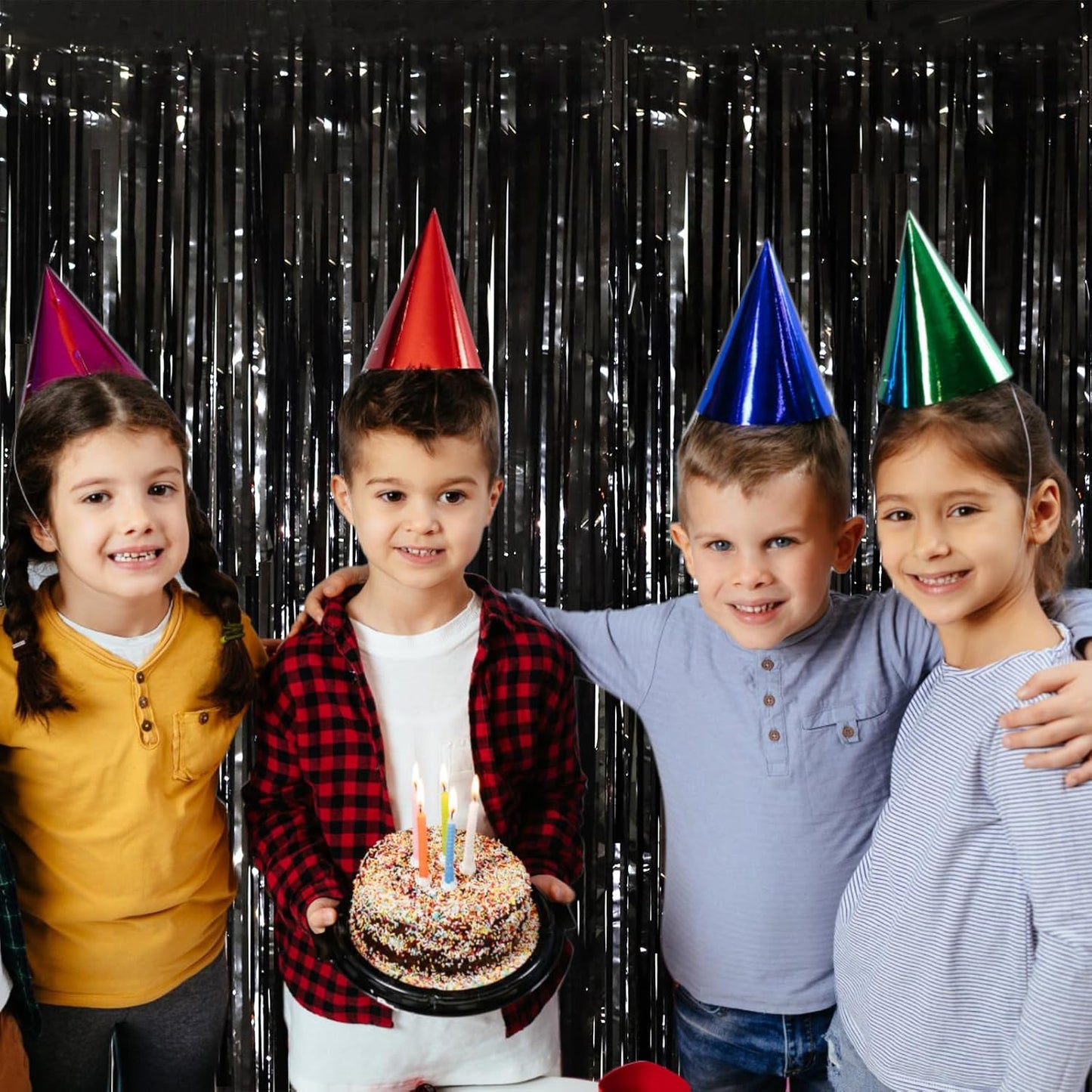 2 Pack Black Tinsel Foil Fringe Curtains, Black Party Decorations, Metallic Tinsel Party Streamers Backdrop for Birthday Halloween New Years Graduation Party Decorations