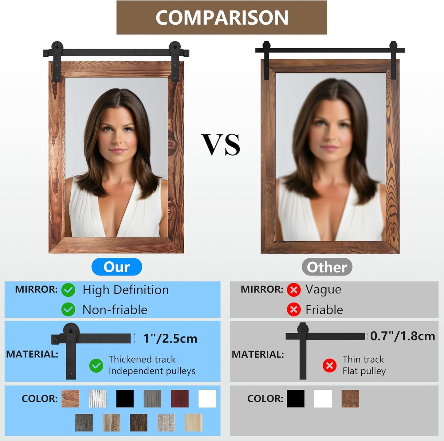 COGOOD Farmhouse Barn Door Mirror - 26" X 17" Rustic Wood Framed Wall Mirror for Bathroom, Living Room, Entryway Wall Decorative (Brown)