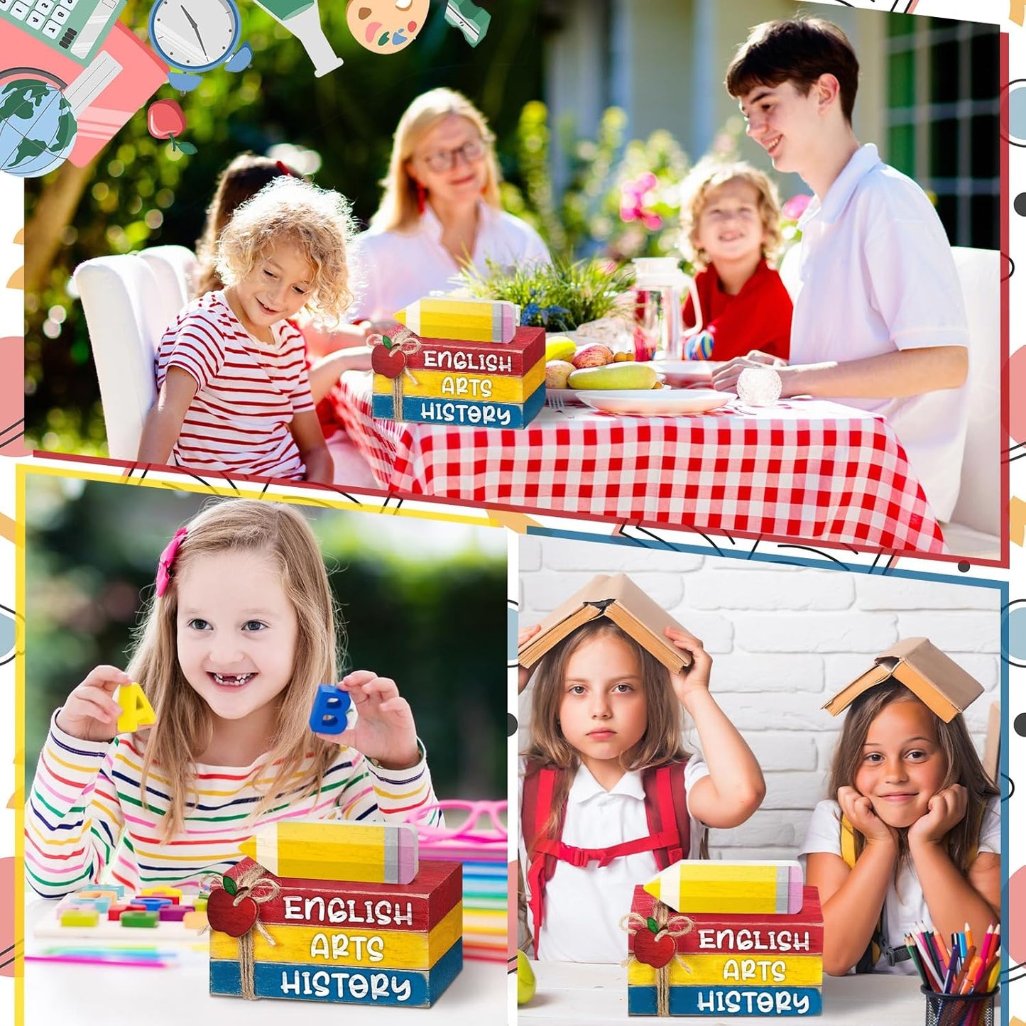 4 Pcs Back to School Table Decorations First Day of School Tiered Tray Decorations Decorative Mini Wooden Books Subject Signs for Office Shelf Classroom Tabletop Bookshelf(Pencil)