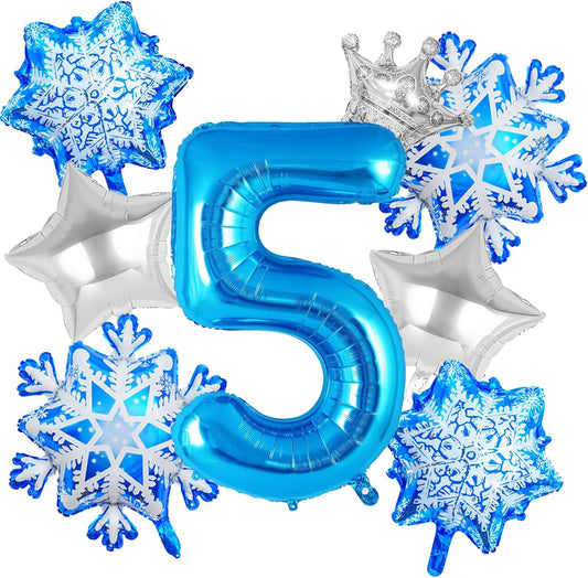 8Pcs Winter Wonderland Decorations - 40inch Blue Number 5 Balloons - snowflake balloons for Winter Wonderland Birthday Decorations
