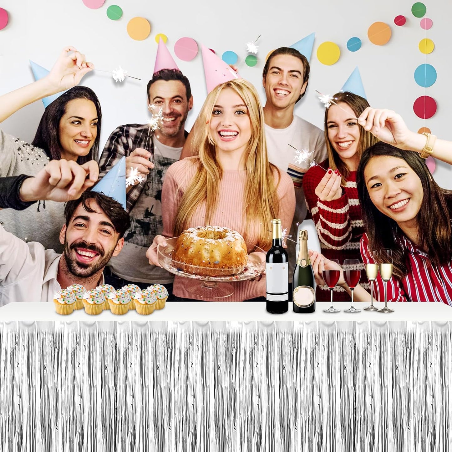 3 Pack 29x108 Inch Silver Foil Fringe Table Skirts Metallic Banner for Tinsel Streamer Garland Backdrop for Parade Floats Wedding Thanksgiving Birthday Christmas Halloween Party Decoration