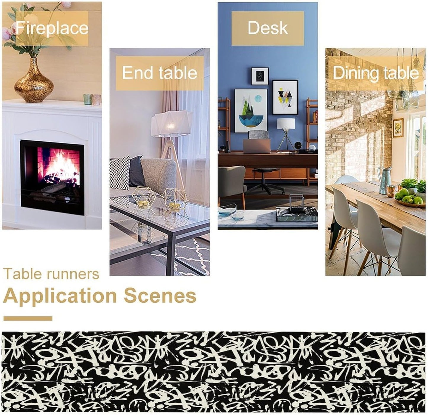 Graffiti Table Runner,Black White Abstract Messy Art Theme Pattern Print Tablecloth Burlap for Hotel Indoors Outdoor Dining Room Kitchen Home Decor,W13X L36 in