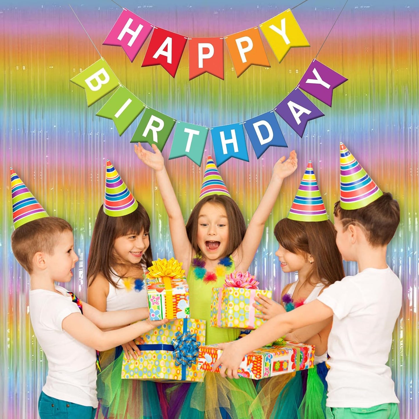 Melsan 2 Pack 3.2 ft x 8.2 ft Pastel Tinsel Foil Fringe Curtains Backdrop, Metallic Rainbow Foil Curtains for Easter Party Decorations Party Photo Booth Props Decoration (Rainbow)