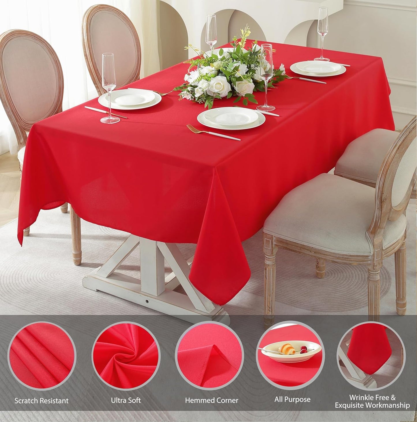 Craft And Party Rectangle Tablecloth, 90 x 132 Inch Red Tablecloth, 8ft Rectangle Table Cloth, Polyester Fabric Washable Tablecloth for Home, Party, Wedding or Restaurant Use.