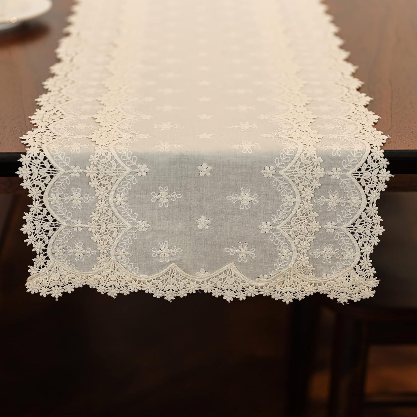 Inicia Cotton Lace Table Runner 12 × 86 inch Embroidered for Easter Holiday Wedding Picnic Daily Dining Tables White Decor (Cotton, 12"×86" (31cm×220cm))