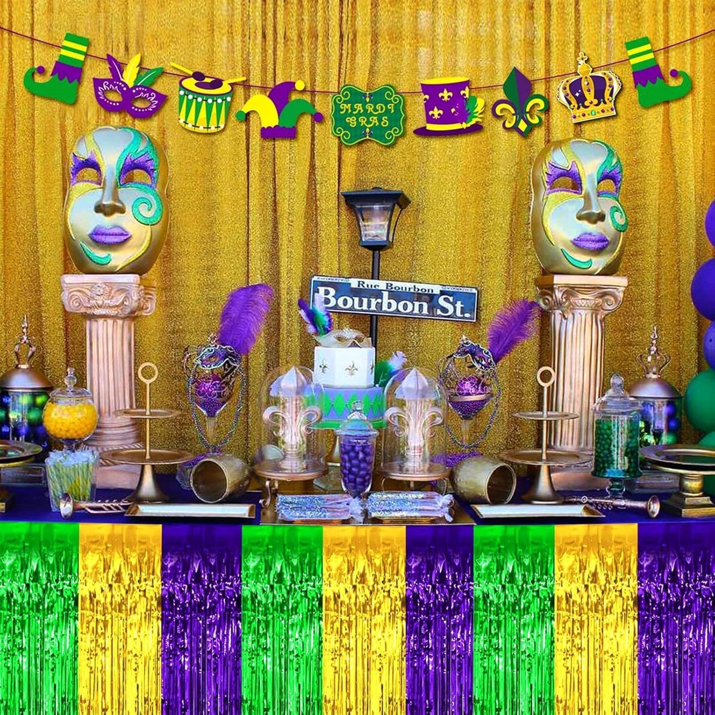 4 Pack 29x108 Inch Mardi Gras Metallic Foil Fringe Tinsel Table Skirts for Rectangle Tables Streamer for Christmas, Birthday, Parade Floats, Halloween Party Supplies(Gold Green Purple)