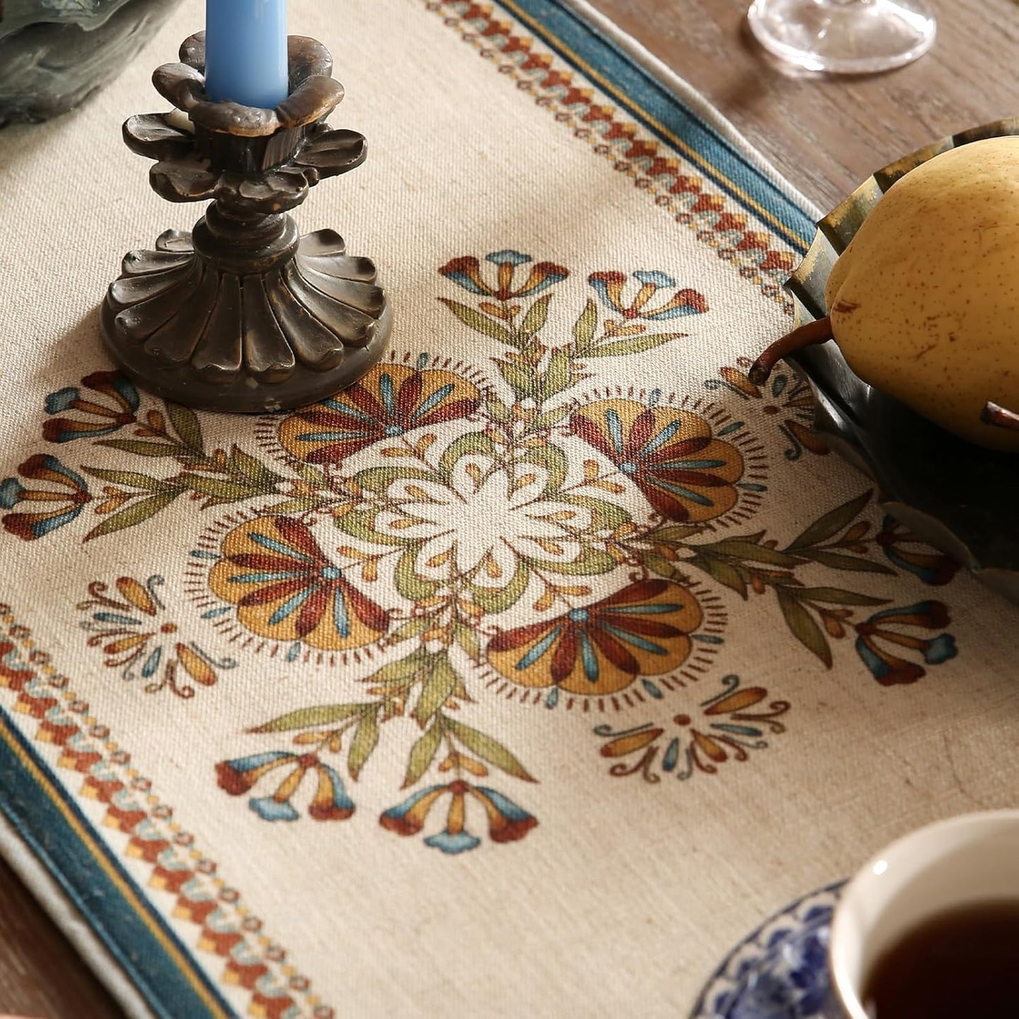 patdrea Designer Beige Farmhouse Geometric Patterned Linen Table Runner 71 Inch Long,Wrinkle Resistant Table Mat,Decoration for Kitchen Dining and Coffee Tables Banquet Christmas , 12"x71"