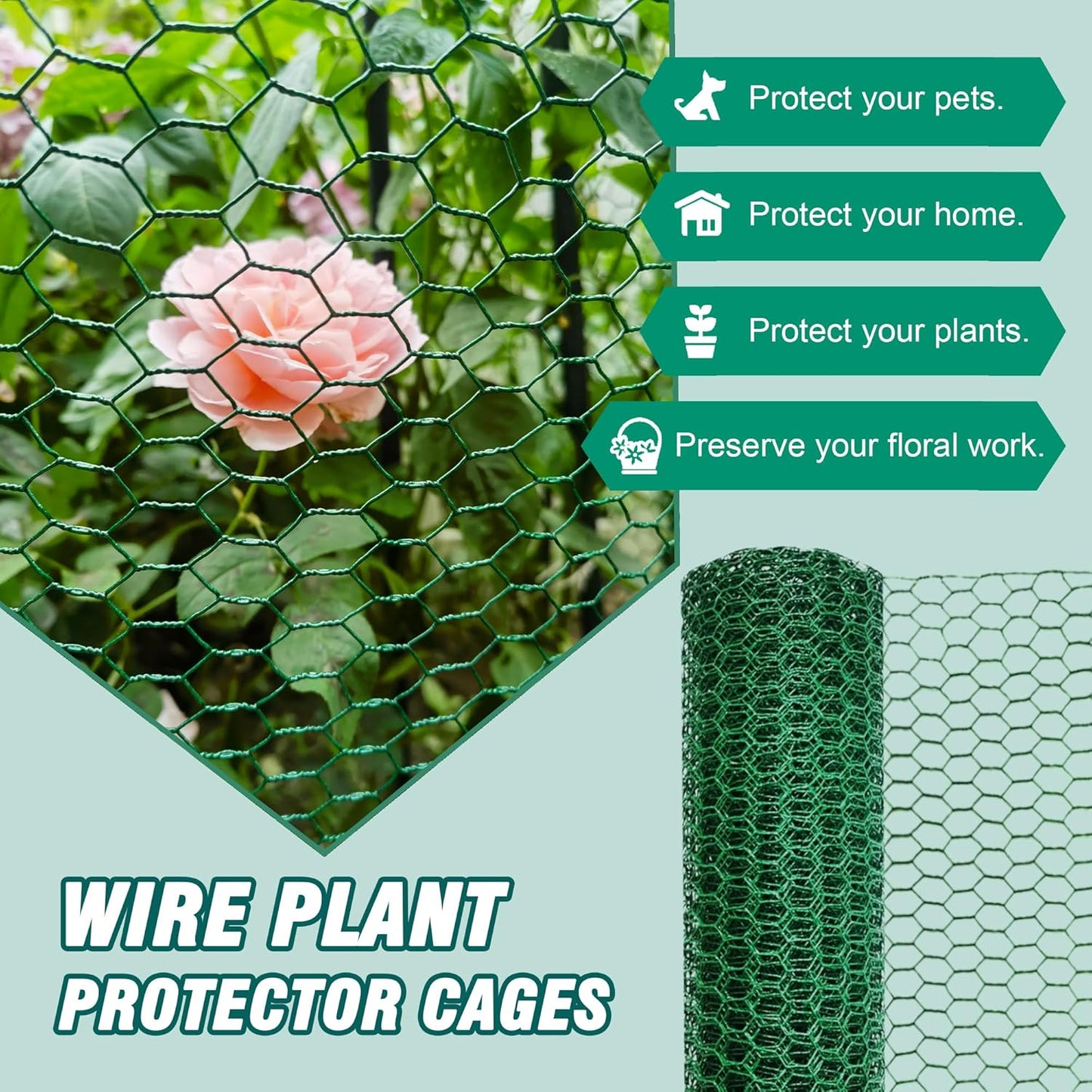 32.8FT x16Inch Plant Protectors from Animals - Wire Plant Protector Cages for Outdoor Plants, Free-Cut Metal Mesh Plant Covers Guards Fence, Chicken Wire Cloche with Ground Stakes,Zip Ties