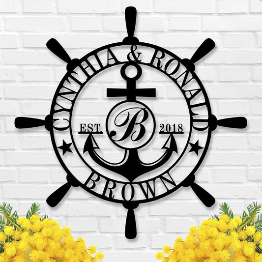 Customized Family Name Sign, Nautical Wall Decor, Anchor Compass Metal Sign, Initial Split Letter Monogram Sign, Last Name signs, Personalized Housewarming Gift