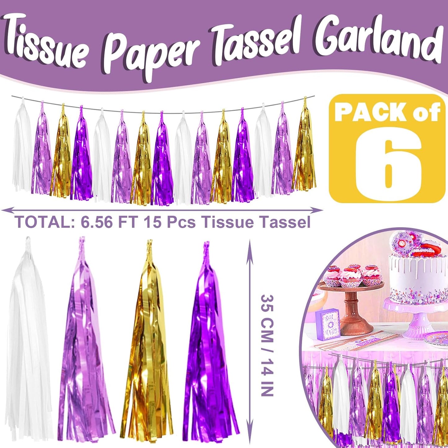 6P Purple-Gold Party Decoration Tassel Garland, Tassels Banner Streamers for Parade Floats, Bachelorette, Wedding, Birthday, Graduation, Christmas, Bridal/Baby Shower Party Decorations