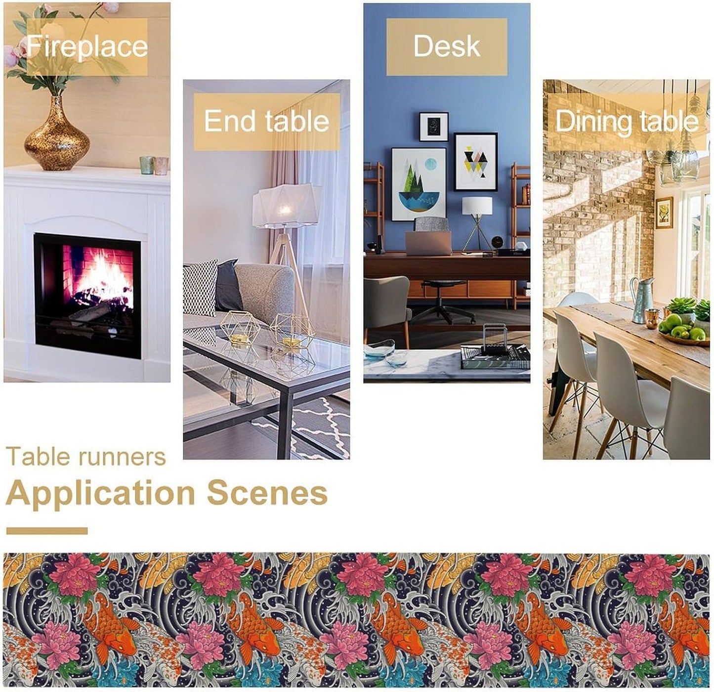 Japanese Retro Flowers Table Runner Oriental Tradition Kio Fish Art Printed Burlap Runner Home Kitchen Dining Table Living Room Decor Fabric 1 Panel W13xL108in