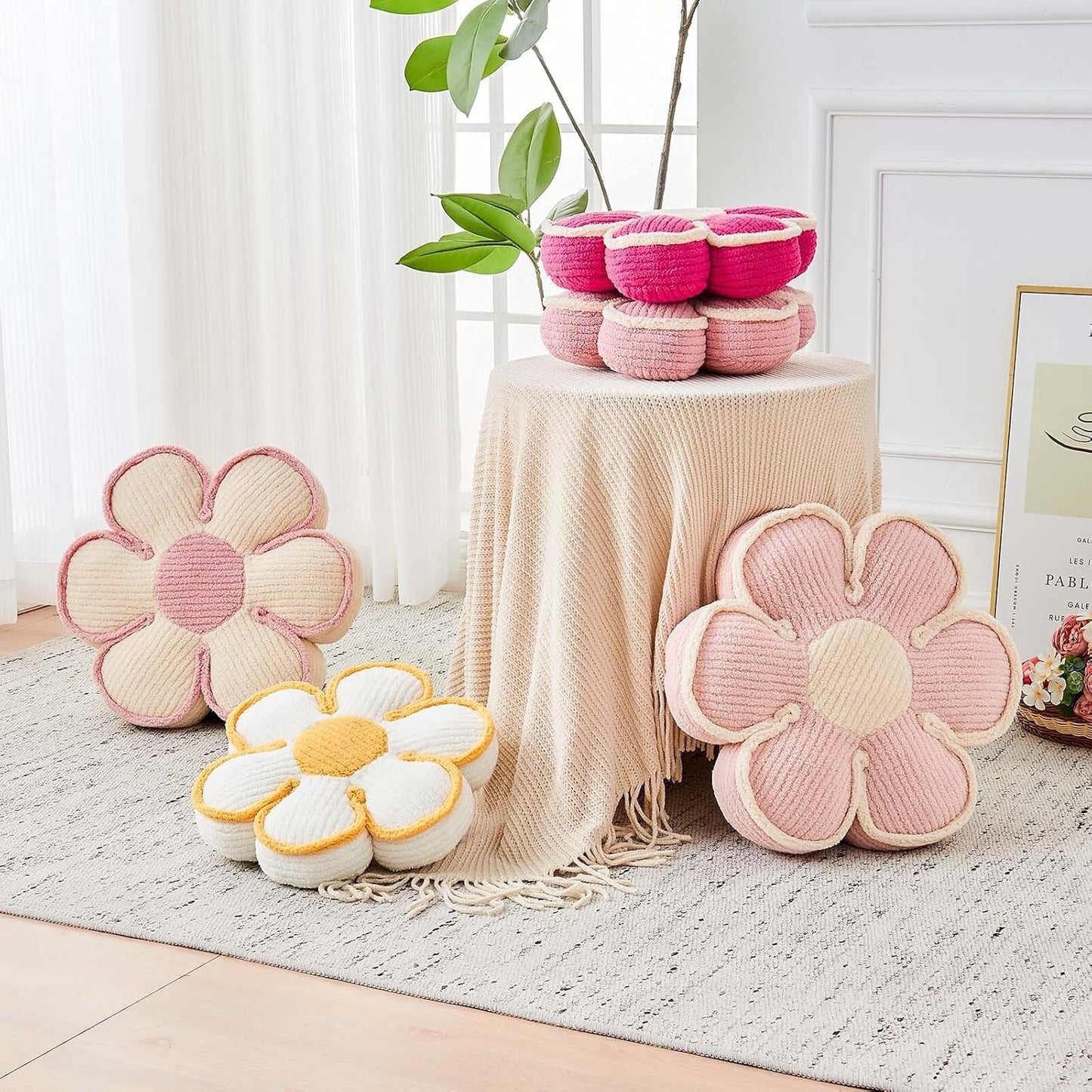 Flower Pillow, Soft Flower Decorative Throw Pillow, Cute Daisy Flower Shaped Seating Floor Cushion Room Décor Plush Pillows for Sofa Couch Bed (13.7 Inch, Pink)