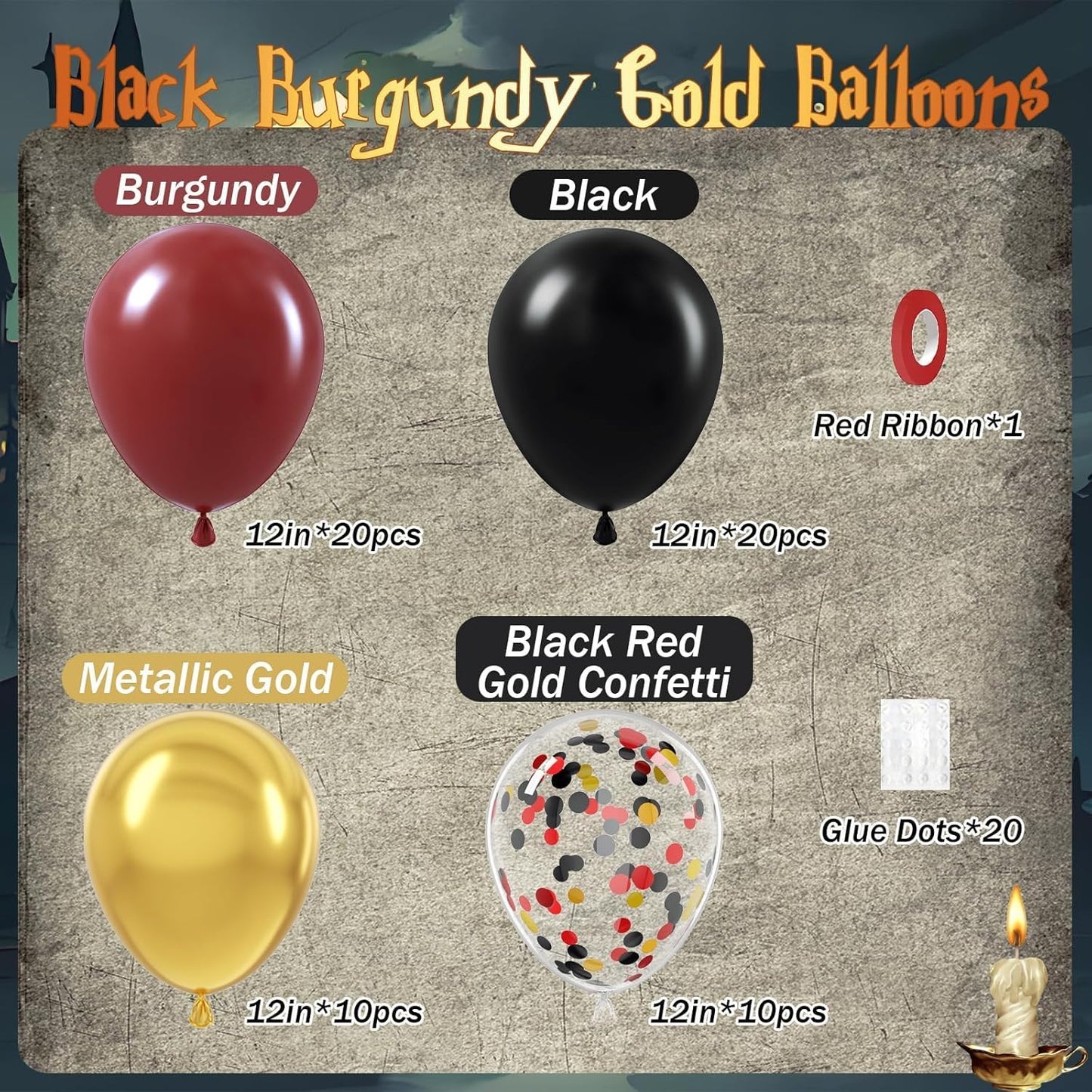 60pcs 12inch Black Burgundy and Gold Balloons, with Gold Red Black Confetti Balloons for Maroon Themed Birthday Baby Shower Graduation Party Decorations
