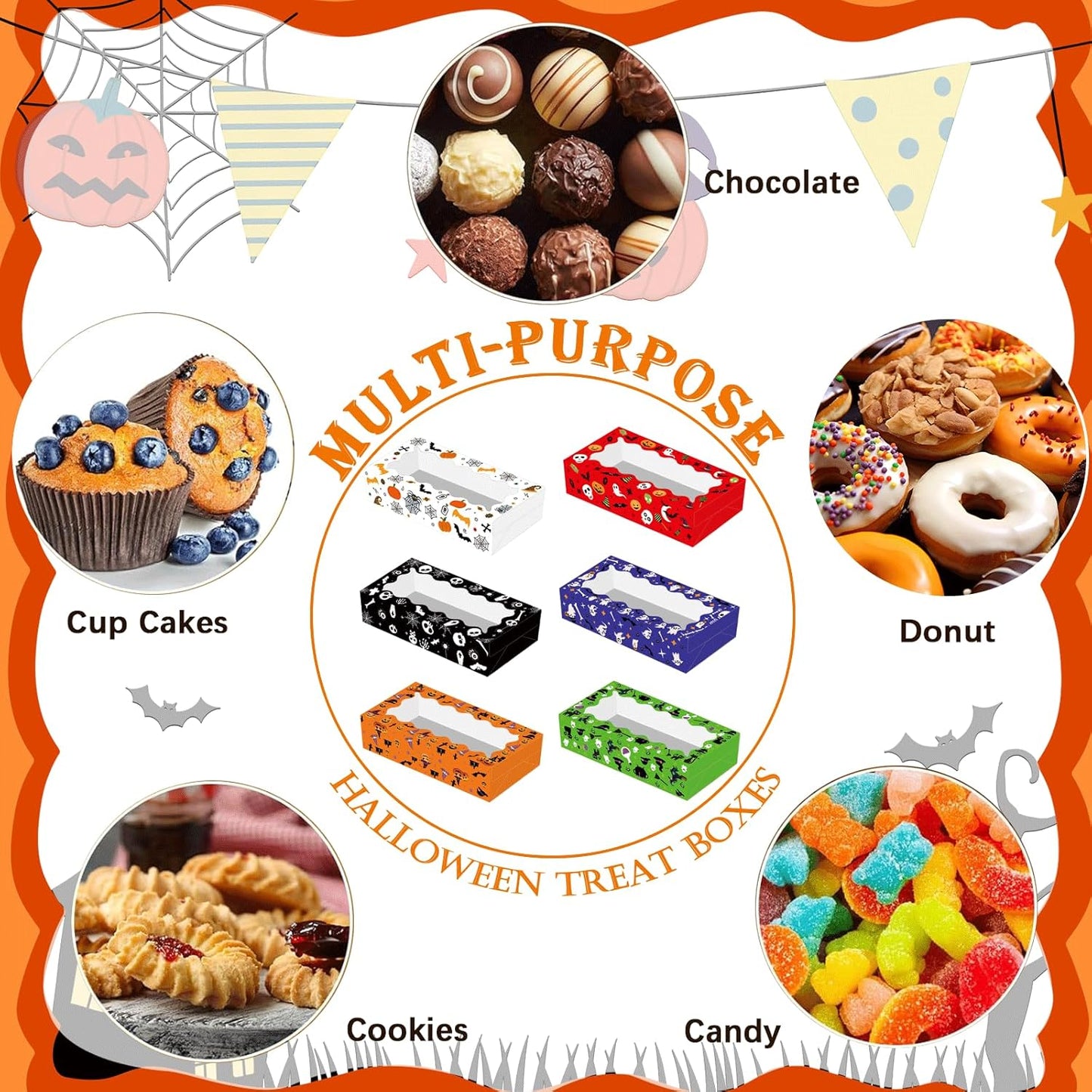 24 Pack Halloween Large Treat Boxes, Trick or Treat Candy Boxes with Window Halloween Party Favors Gift Goodie Boxes Supplies for Cookie Biscuit Donuts Dessert Cupcake Pie