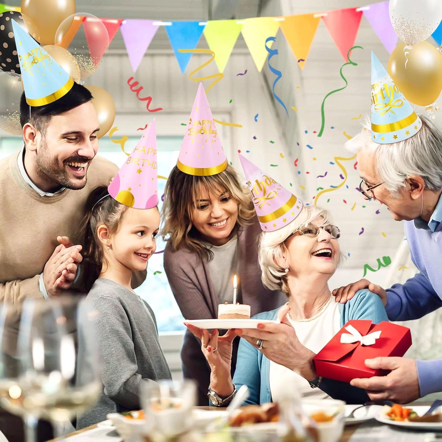 CANREVEL Party Hats for Kids and Adults, Birthday Party Headwear Supplies, Cone Hats Bulk for Girls Boy Women Men