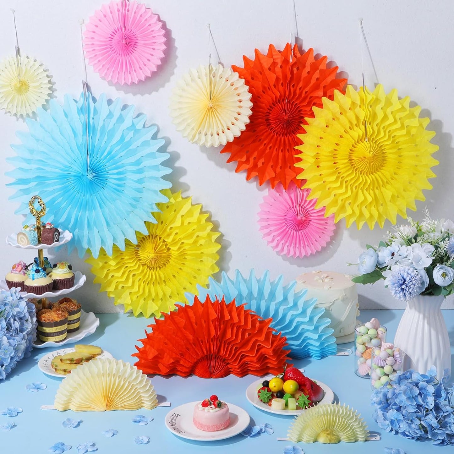 Outus 12 Pcs Hanging Honeycomb Paper Fans Sets, Fiesta Pastel Party Decorations, Tissue Paper Flowers Supplies for Birthday Wall Classroom Wedding Bridal Photo Backdrop (16/14/8/6 Inch)