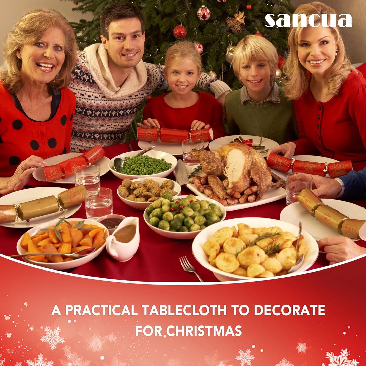 sancua Round Tablecloth - 80 Inch - Water Resistant Spill Proof Washable Polyester Table Cloth Decorative Fabric Table Cover for Dining Tables, Buffet Parties and Camping, Red