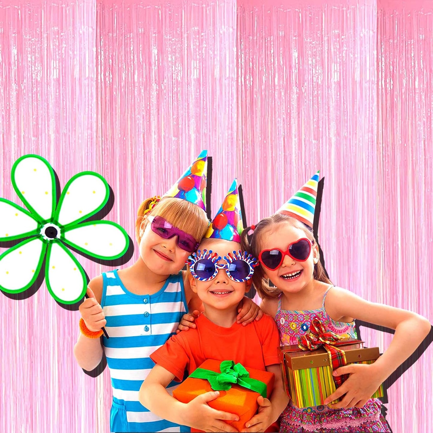 4 Pack Macaron Pink Tinsel Foil Fringe Curtain Backdrop, 3.28Ft x 8.2Ft Metallic Streamers for Photo Booth Props Wedding Bridal Shower Bachelorette Birthday Halloween Christmas Party Decoration