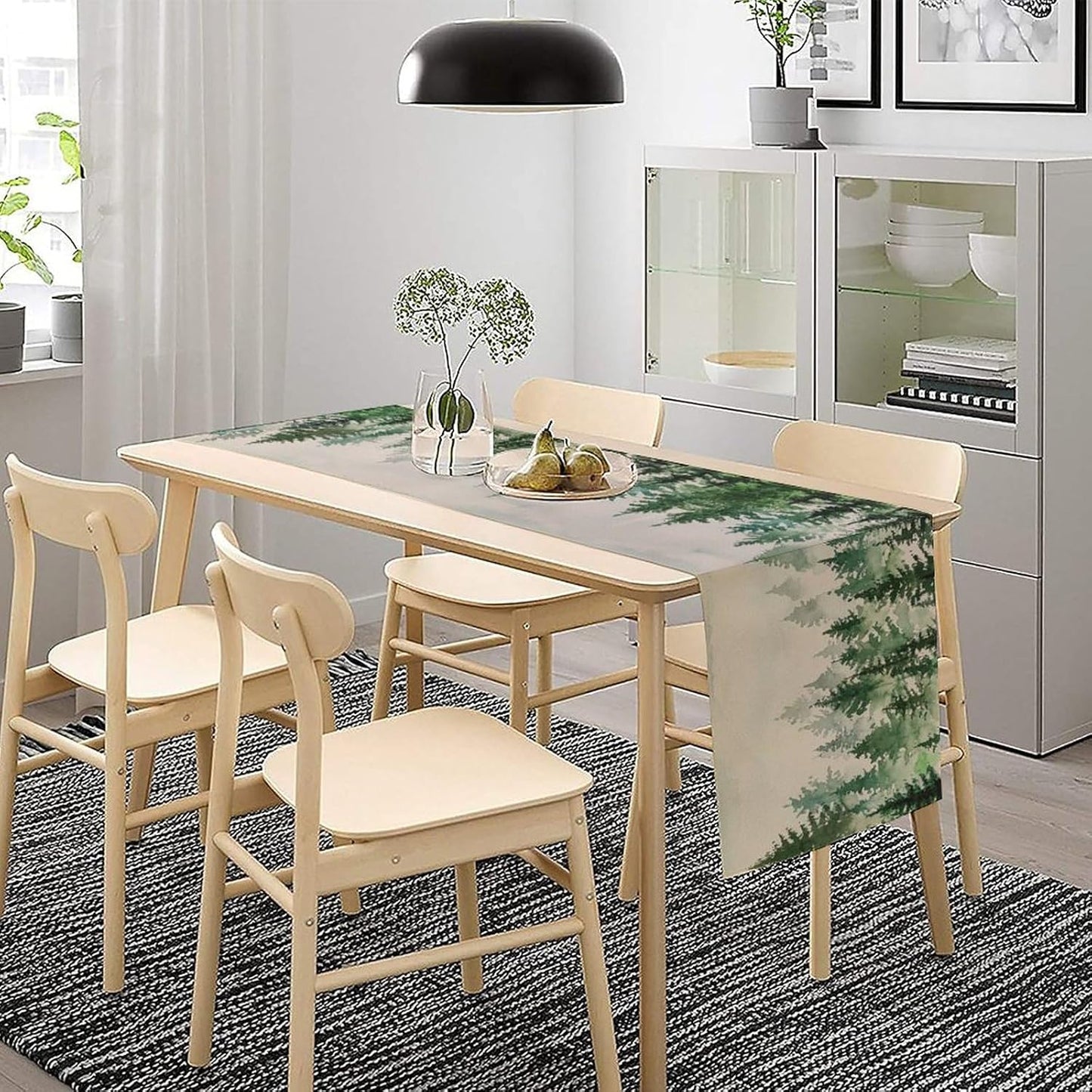 Foggy Forest Table Runner,Green Forest Natural Landscape Table Runner for Kitchen Dining Table Home Party Decoration 13x36 Inch