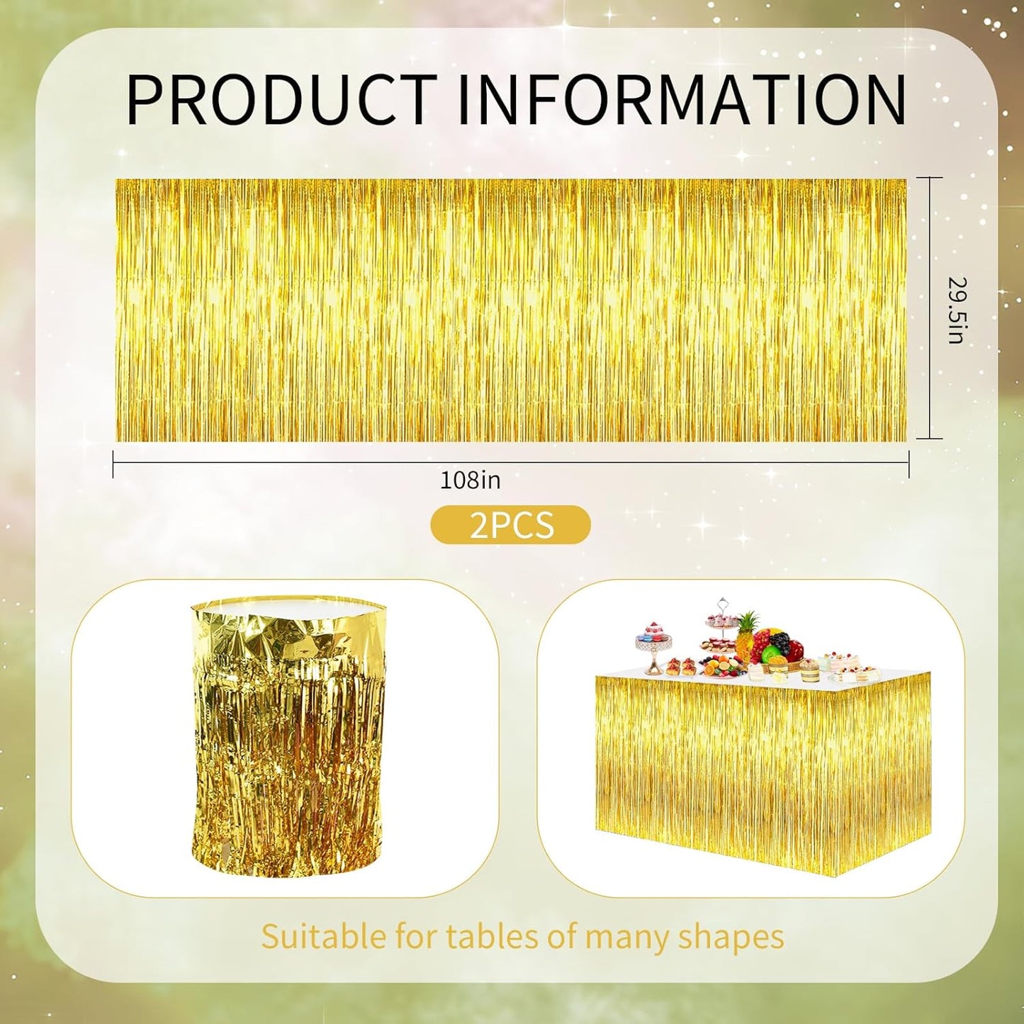 BEISHIDA 2 Pack Gold Metallic Tinsel Foil Fringe Table Skirts - Decors for Rectangle & Round Tables - Birthday & Holiday Party