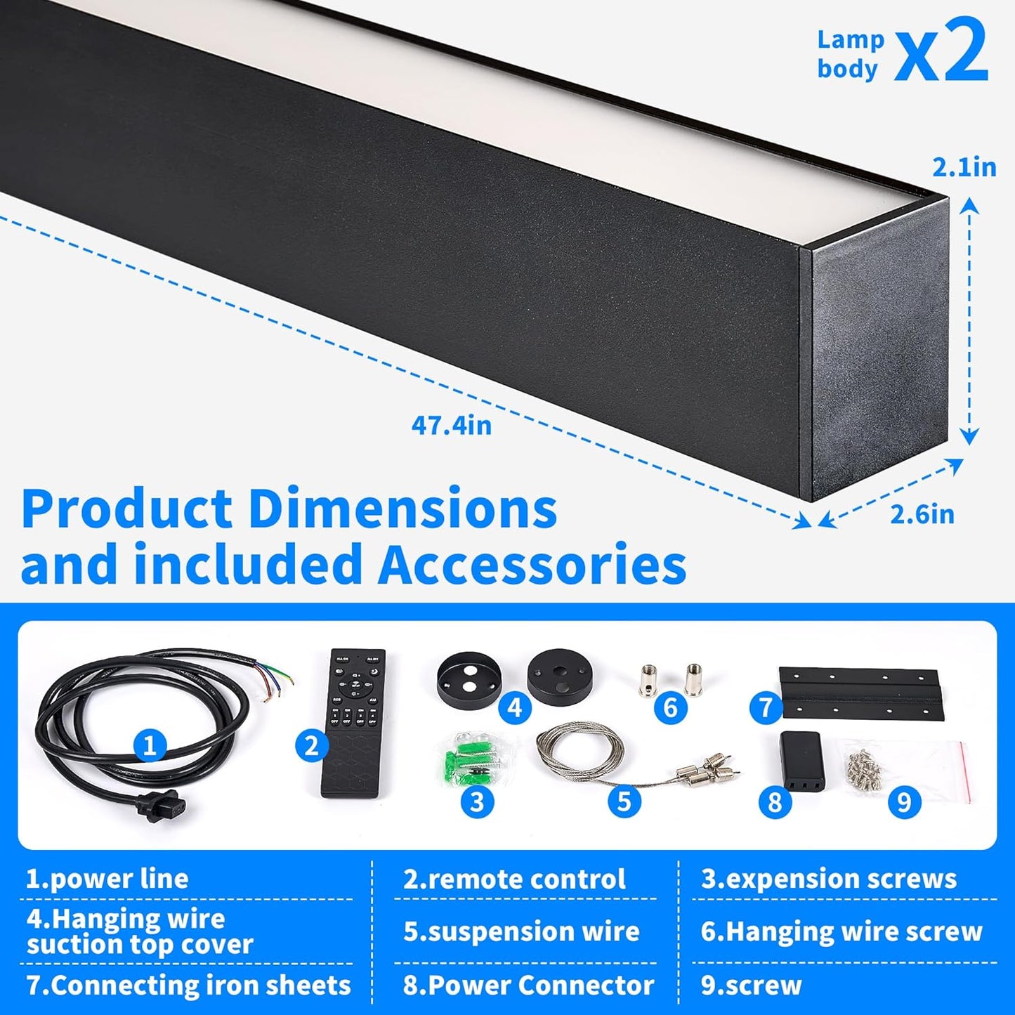 8FT LED Linear Light, 100W 15000lm Dimmable Suspended Linear Light, Linkingable Connection, 3000-6000K Color Changing, Prefect for Office Shop, Gym ETL-Listed 2-Pack