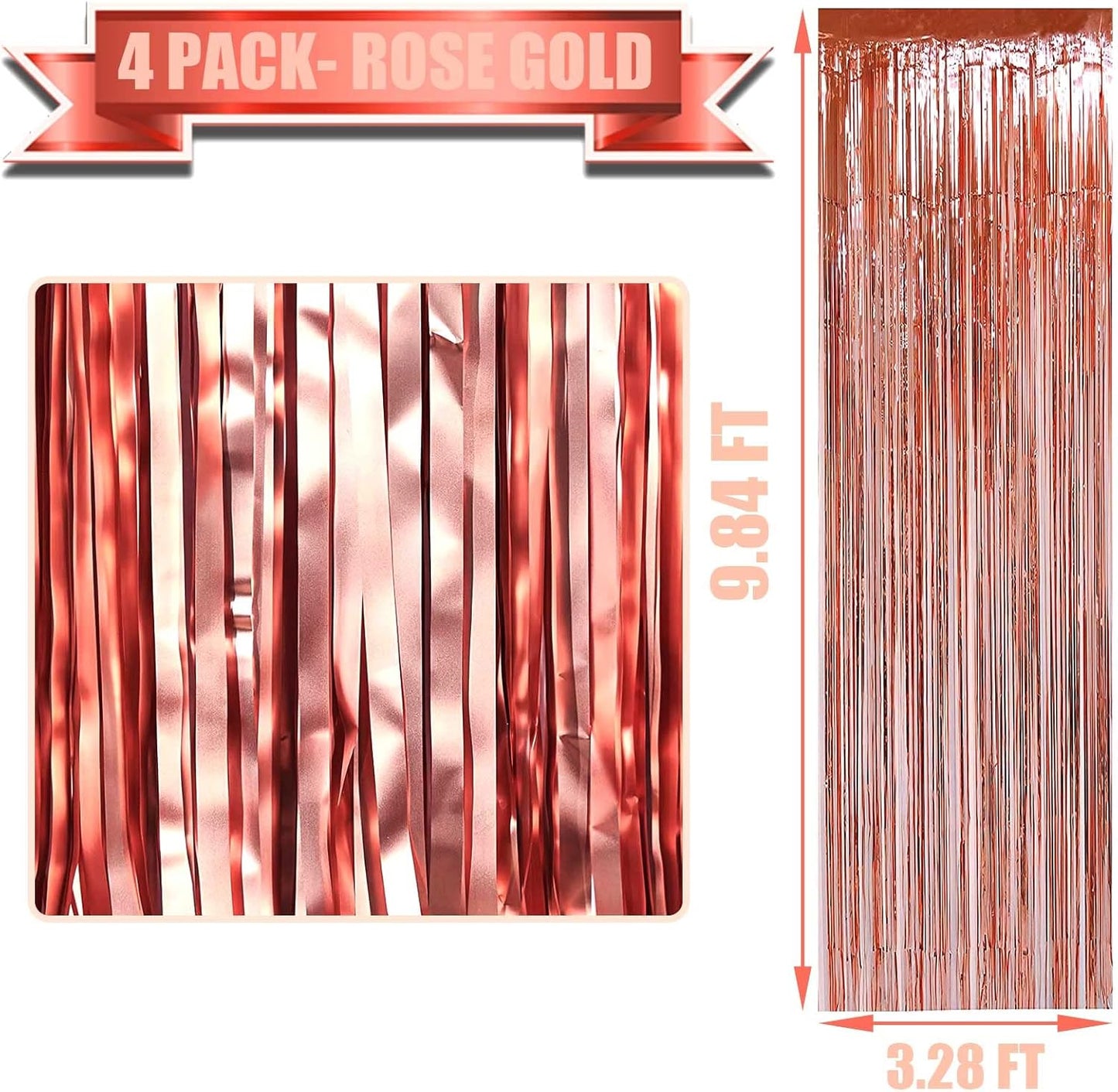 4 Pack Rose Gold Foil Fringe Curtain Backdrop, 3.28Ft x 9.84Ft Metallic Tinsel Foil Fringe Streamers Curtains for Party,