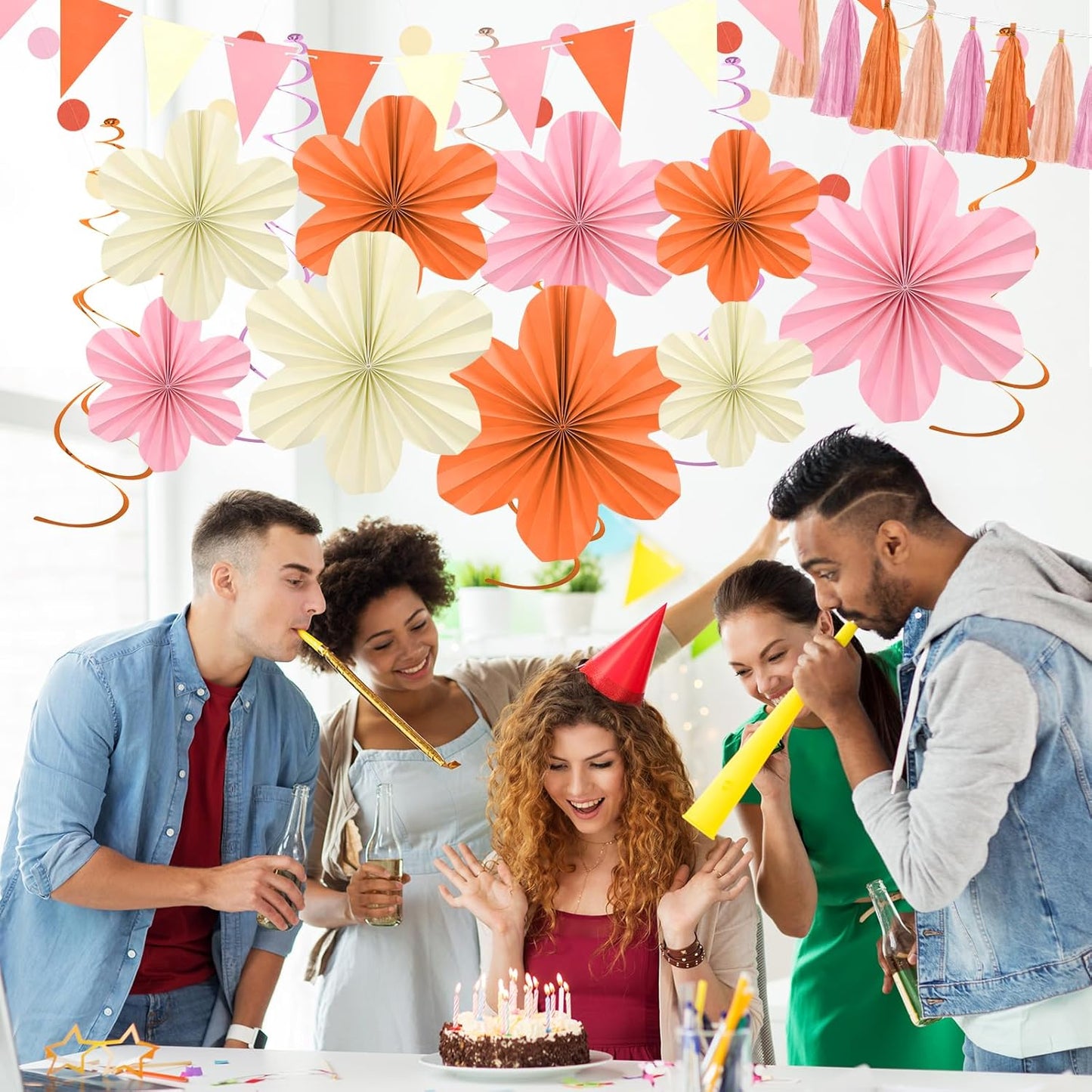 Pink and Orange Party Decorations - Orange Birthday Decoration for Women Girls with Hanging Paper Flowers, Tassel Garland and Swirls, Baby Showers Bachelorette Party Supplies Classroom Decor