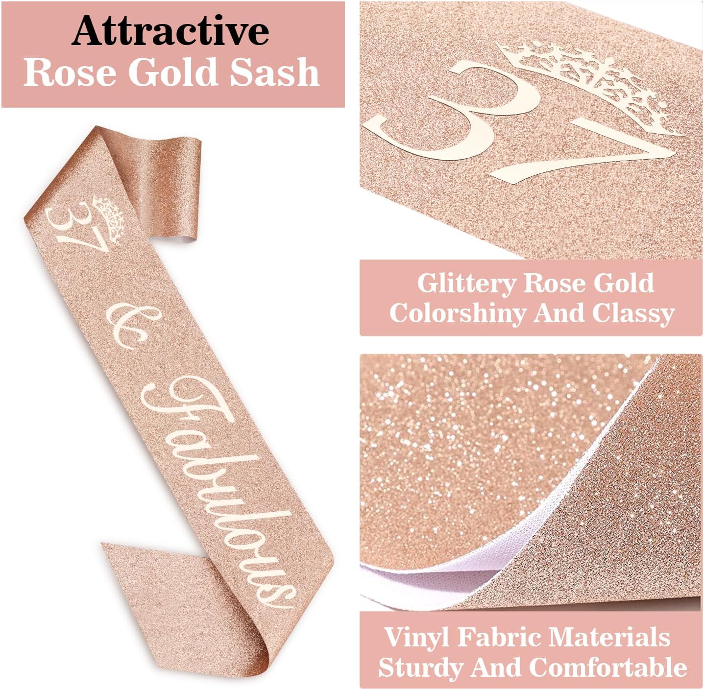 37th Birthday Decorations for Women Including Birthday Sash, Tiara/Crown, Numeral Candles and Cake Topper, 37 Year Old Gifts for Women, Rose Gold Party Decor Supplies