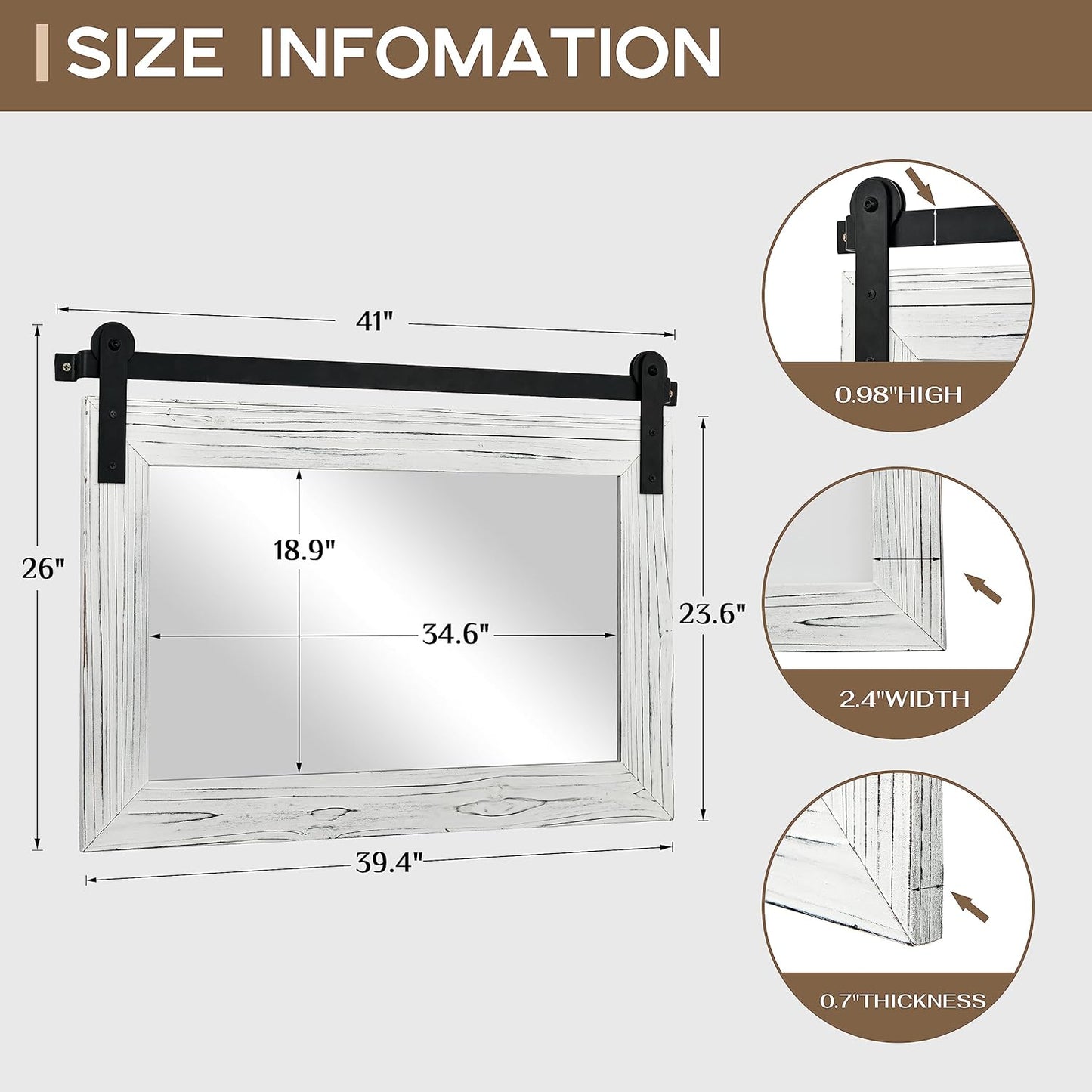 COGOOD Farmhouse Barn Door Mirror - 41" x 26" Rustic Wood Framed Wall Mirror for Bathroom, Living Room, Bedroom Wall Decor (White)