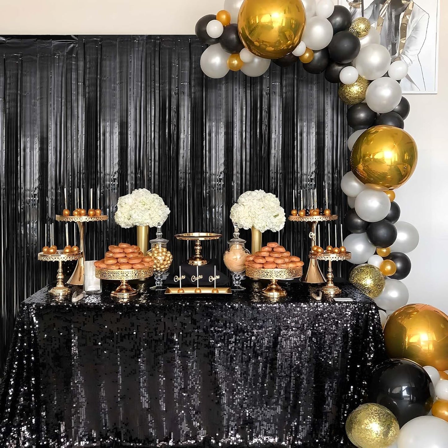 2 Pack Black Foil Fringe Curtains Streamers Party Decorations 3.3 x 8.2 ft, Black Tinsel Curtain Fringe Backdrop for Parties, Door Fringe Birthday Streamers, Photo Booth Backdrops, Party Decor