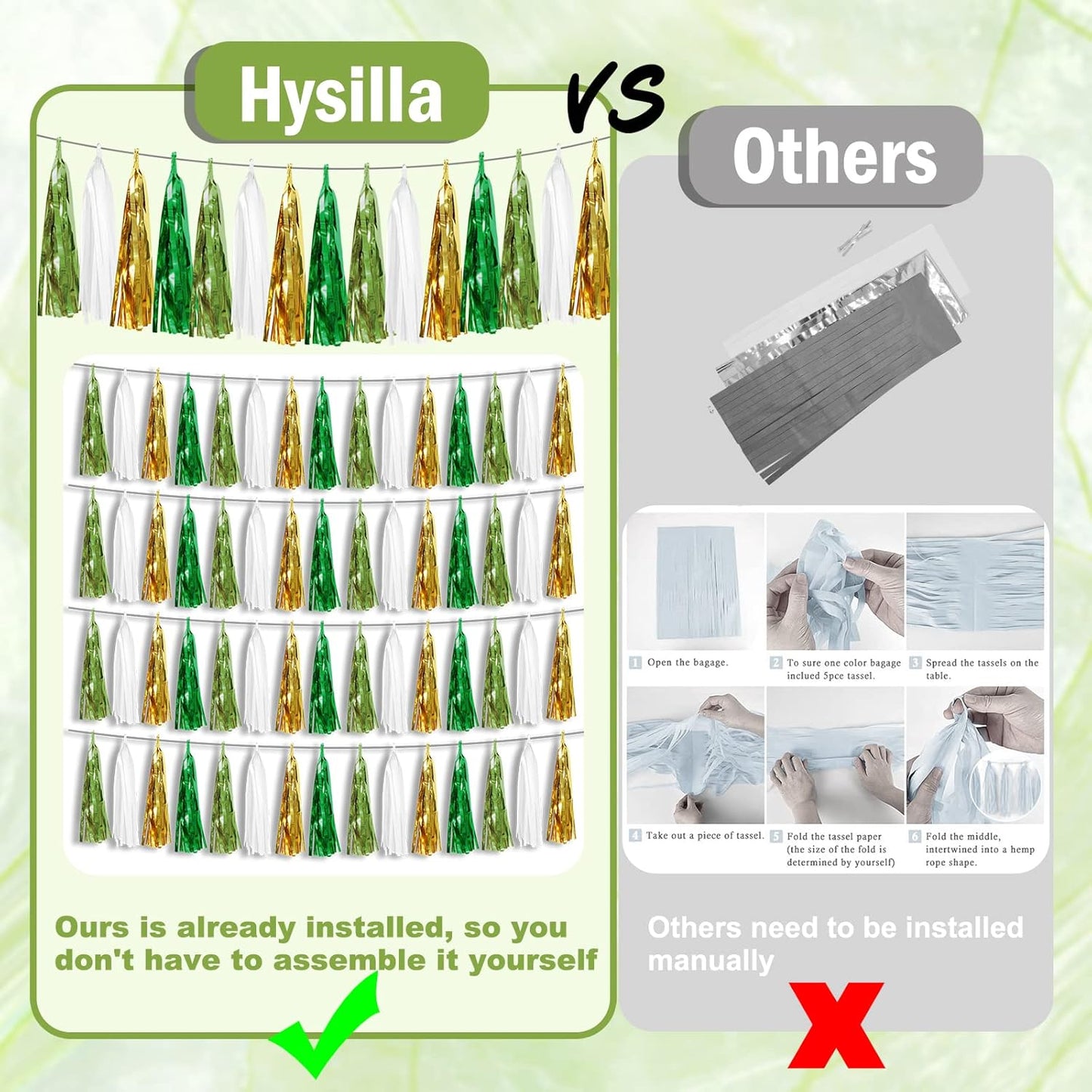 4P Sage-Green Beige-Mint Gold Foil Fringe Metallic Tassel Garland Banner, Tassels Banner Streamers for Parade Floats, Bachelorette, Wedding, Birthday, Christmas, Bridal/Baby Shower Party Decorations