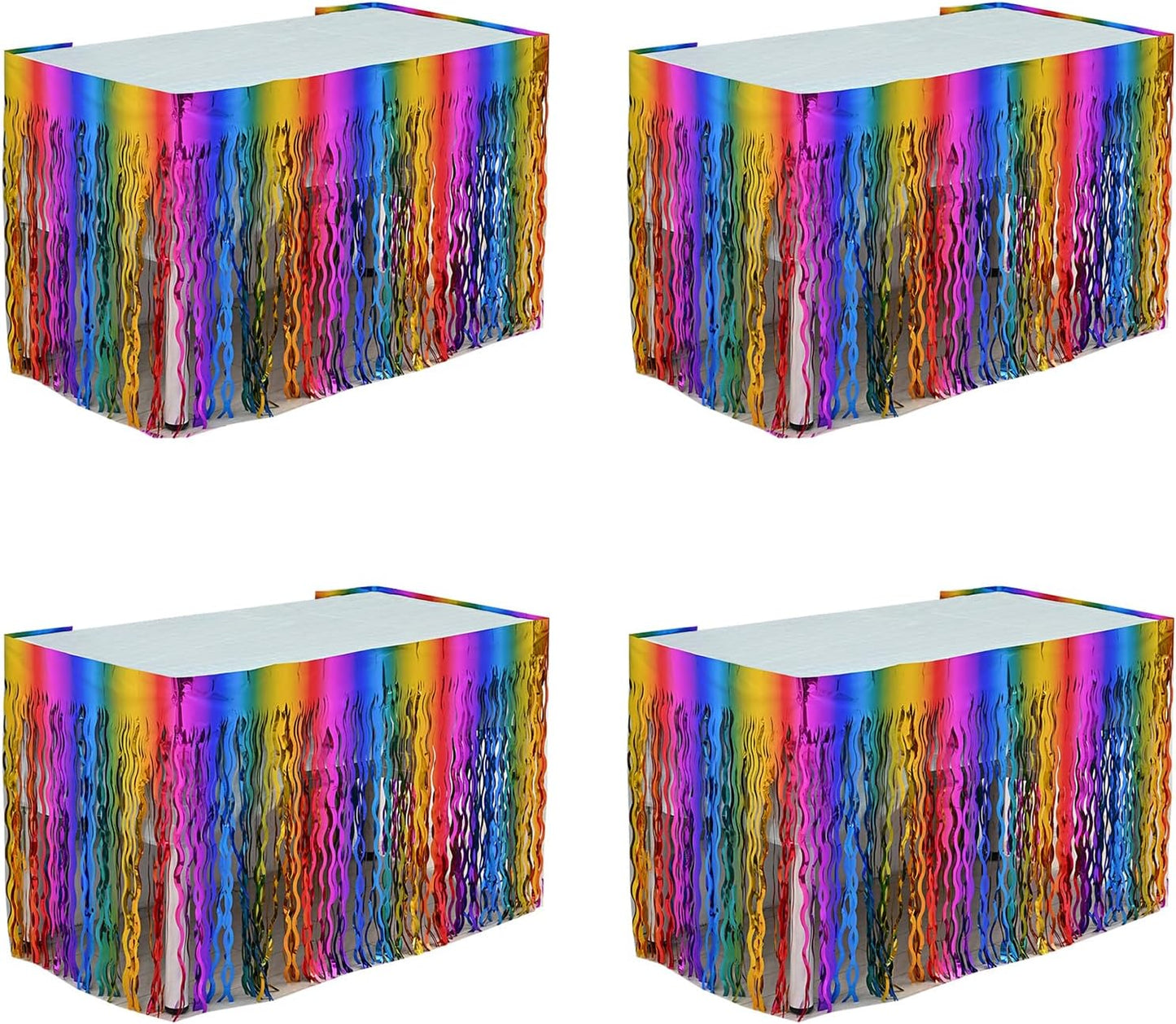4P Wavy Metallic Tinsel Foil Fringe Table Skirts for Rectangle Tables Backdrop Garland Curtains for Parade Floats Wedding Birthday Parties Decoration Graduation 2025 Christmas (Rainbow)