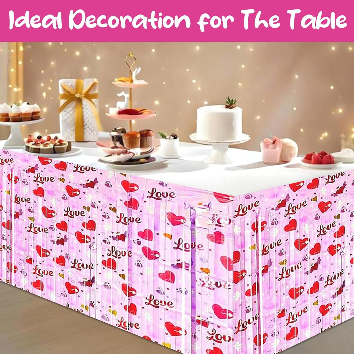 6 Pack 29 x108 Inch Love Pink Wave Foil Fringe Table Skirts Metallic Banner for Tinsel Streamer Garland Backdrop for Parade Floats, Mother's Day, Easter, Wedding, Birthday Party Decoration